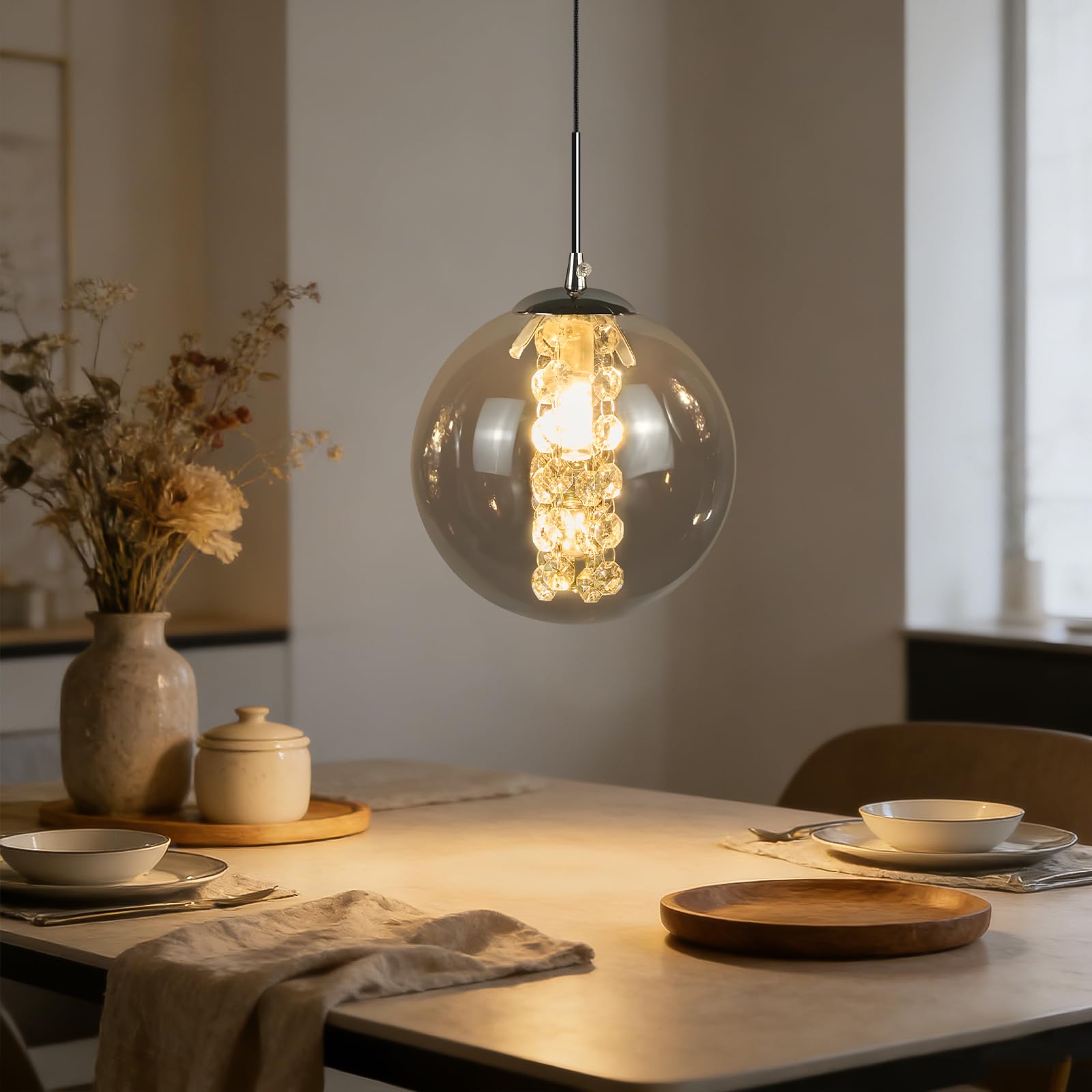 CBJKTX Pendelleuchte Glas Hängelampe 1 Flammig Modern Rauchgrau Esstischlampe 120CM Höhenverstellbar G9 Nachttisch Hängeleuchte Pendellampe für Esstisch Schlafzimmer Esszimmer Bar