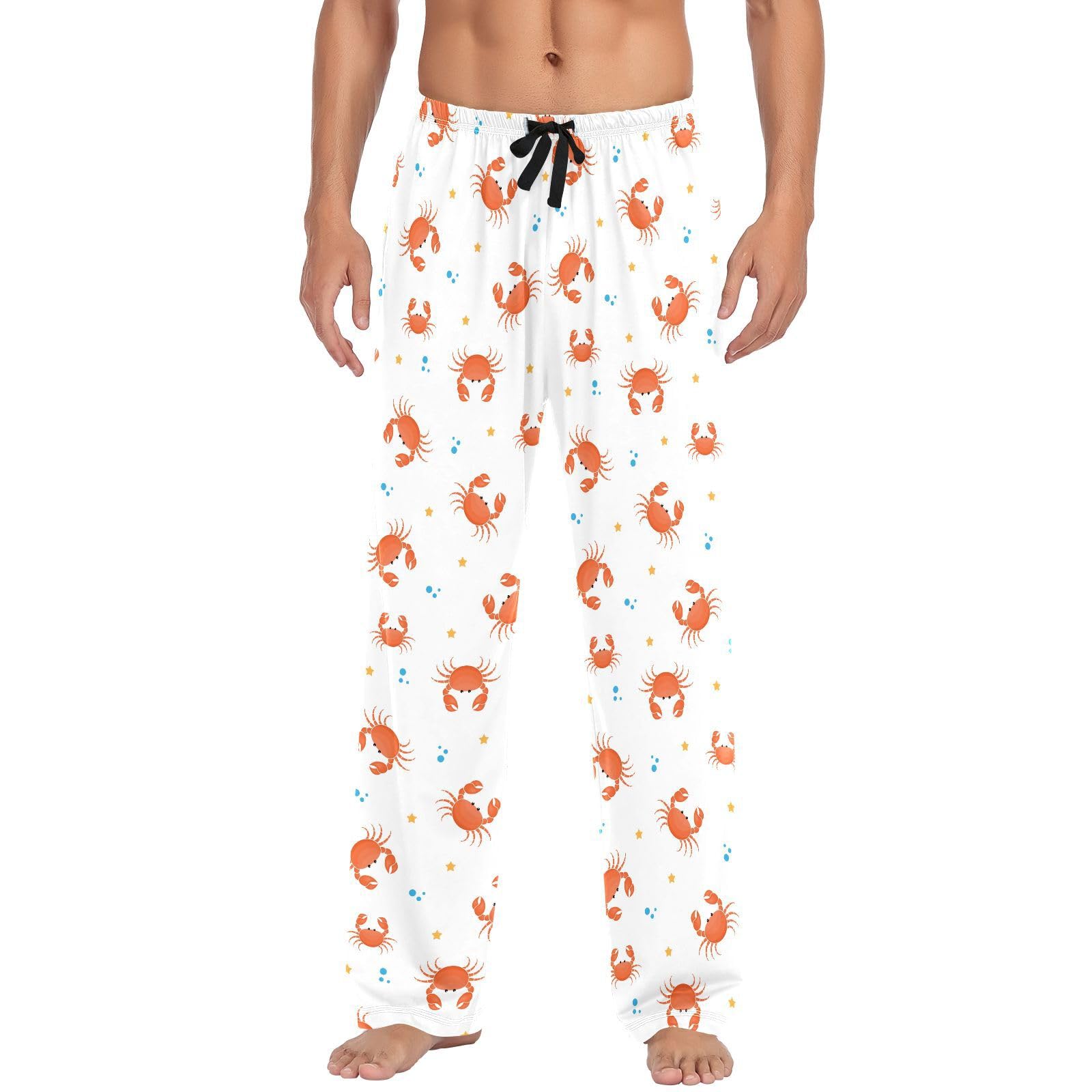 Herren-Schlafanzughose mit Cartoon-Krabben-Stern, 100 % Baumwolle, weiche Pyjamahose für Herren, Lounge-Nachtwäsche, gerade Passform, lange Schlafhose mit Taschen, Kordelzug, Größe XXL,
