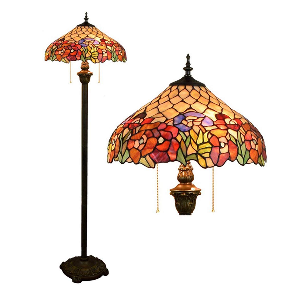 Gdlight Pink Tiffany-Style Roses Floor Lamp With 16" Shade Pastoral Romantic Stained Glass Floor Standing Lamp For Bedroom Living Room Reding, 63 Inch Tall