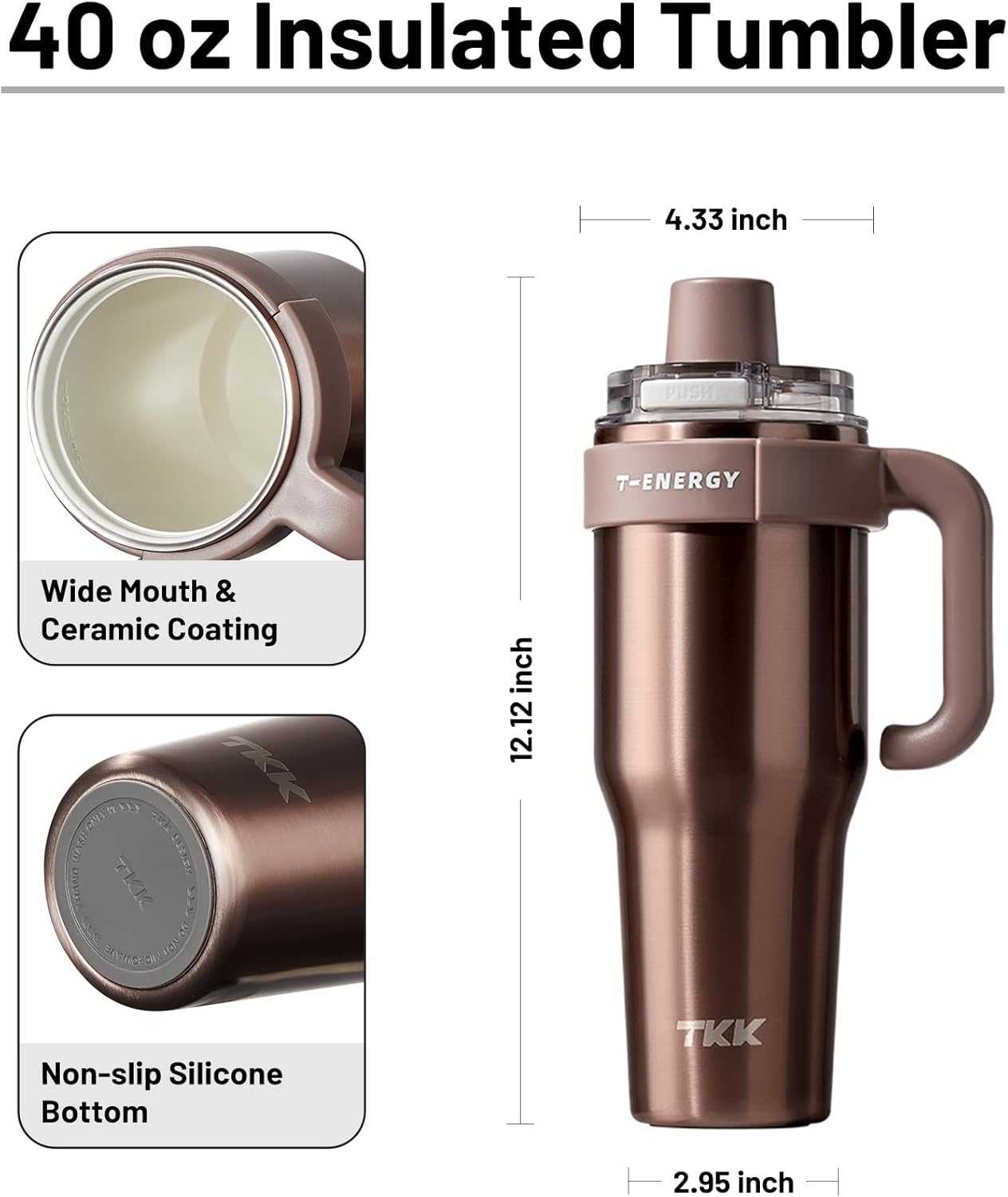 TKK 40 oz Tumblers with Handle and Straw, Ceramic Coating Insulated Bottle 100% Leakproof Travel Mug for Water, Iced Tea or Coffee, Smoothie, Cup Holder Friendly Base, Rose Gold - Image 6