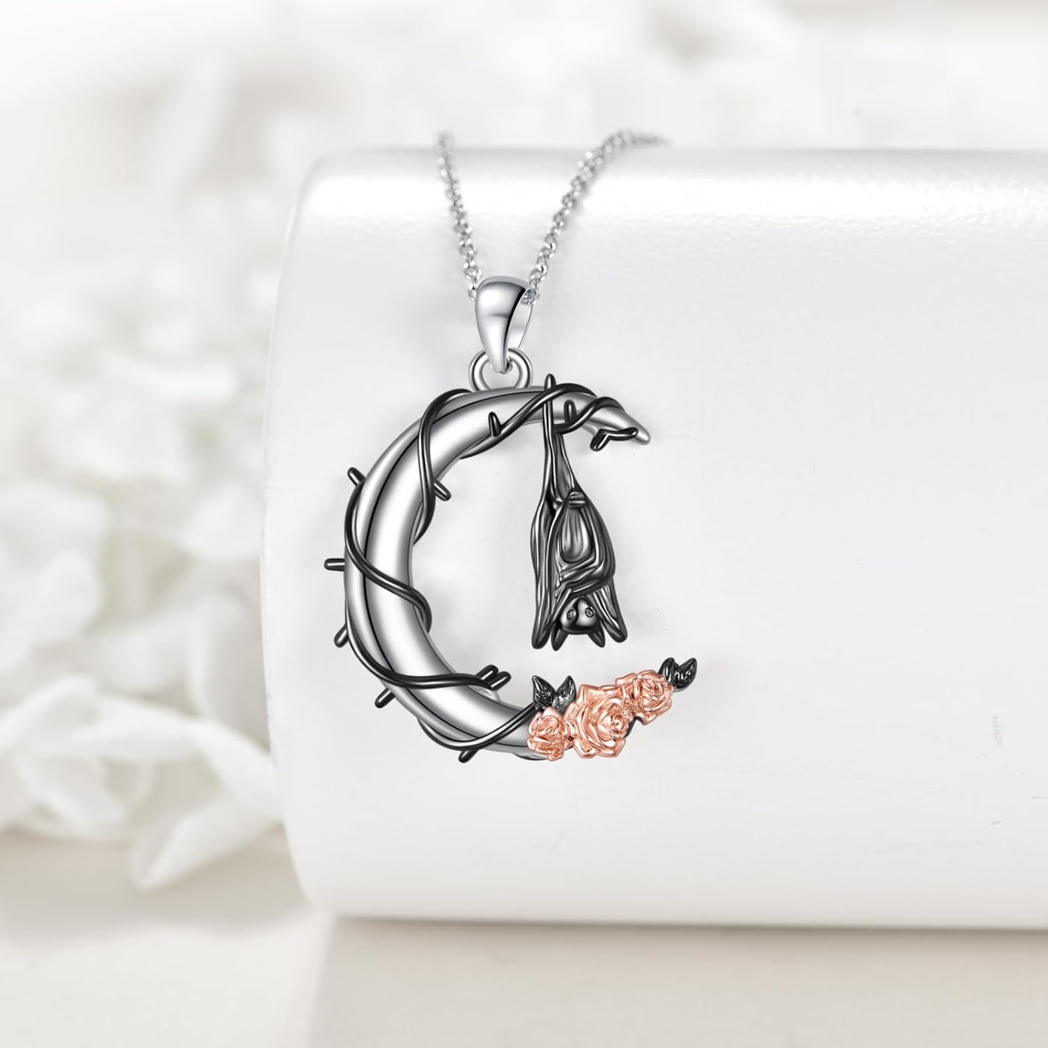 VONALA Moon Necklace 925 Sterling Silver Bat And Rose Pendant Necklace Crescent Moon Vampire Jewelry Gifts For Women Friend