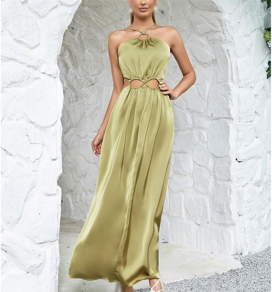 JSEIAJB Sexy Hanging Neck Hollow Out Irregular Skirt Slim Pleated Dresses for Women