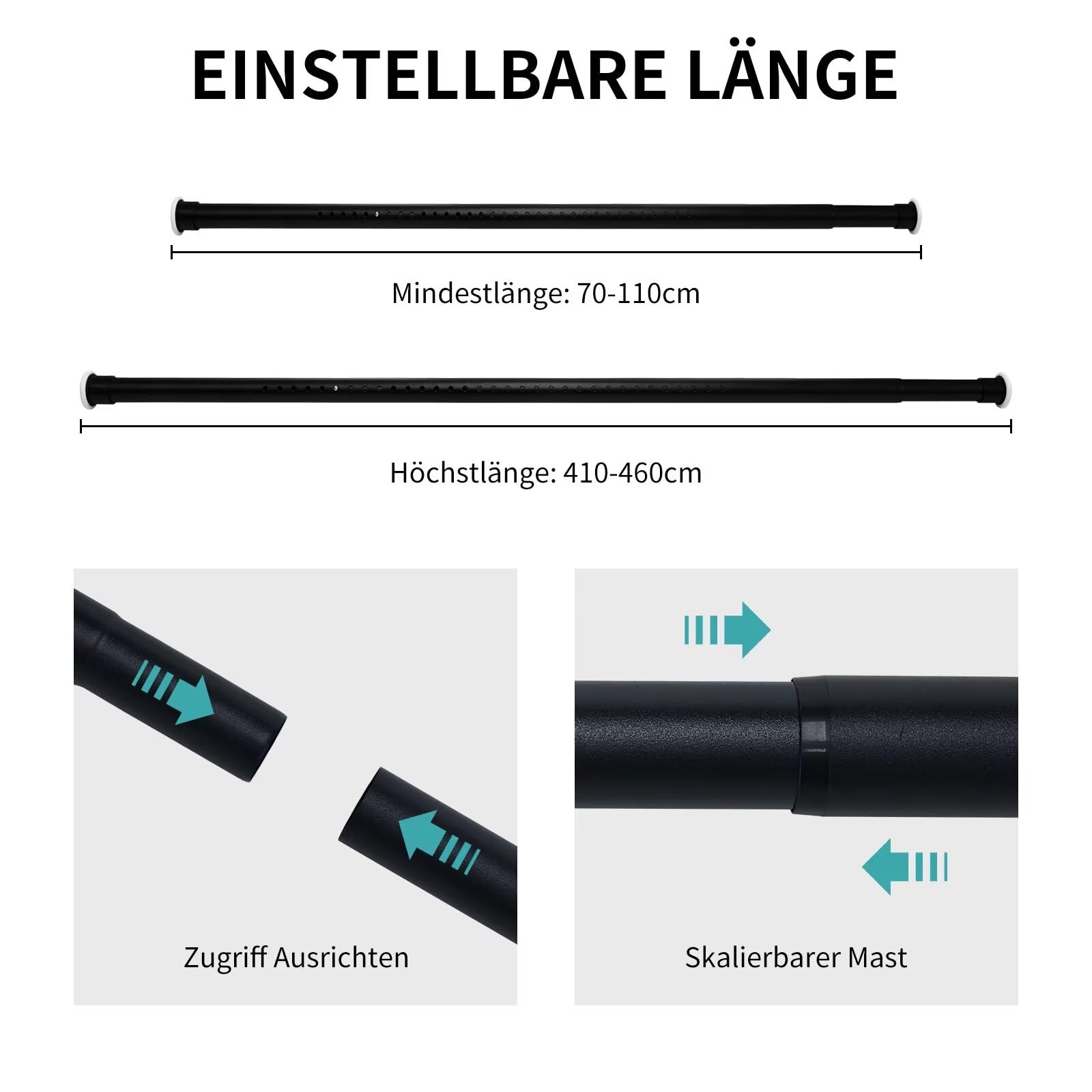 Joydeco Asta telescopica estensibile da 310 – 360 cm, colore nero opaco, asta per tende multifunzionale, senza fori, può essere fissata – Asta per tenda da doccia, asta estensibile – per le tue tende