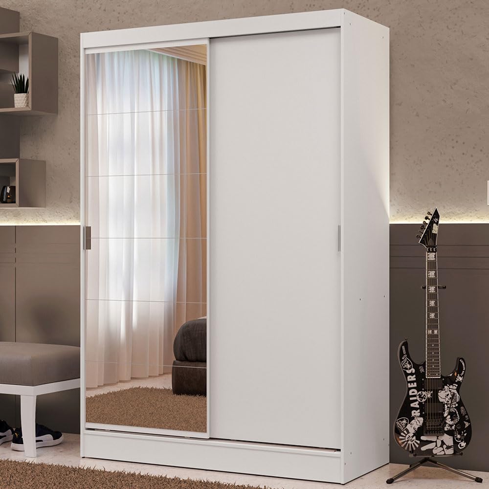 Madesa Luke Single Wardrobe, 2 Sliding Wooden Doors with Mirror, White, 183 cm H x 120 cm W x 53 cm D, 1-Year Warranty-image-39