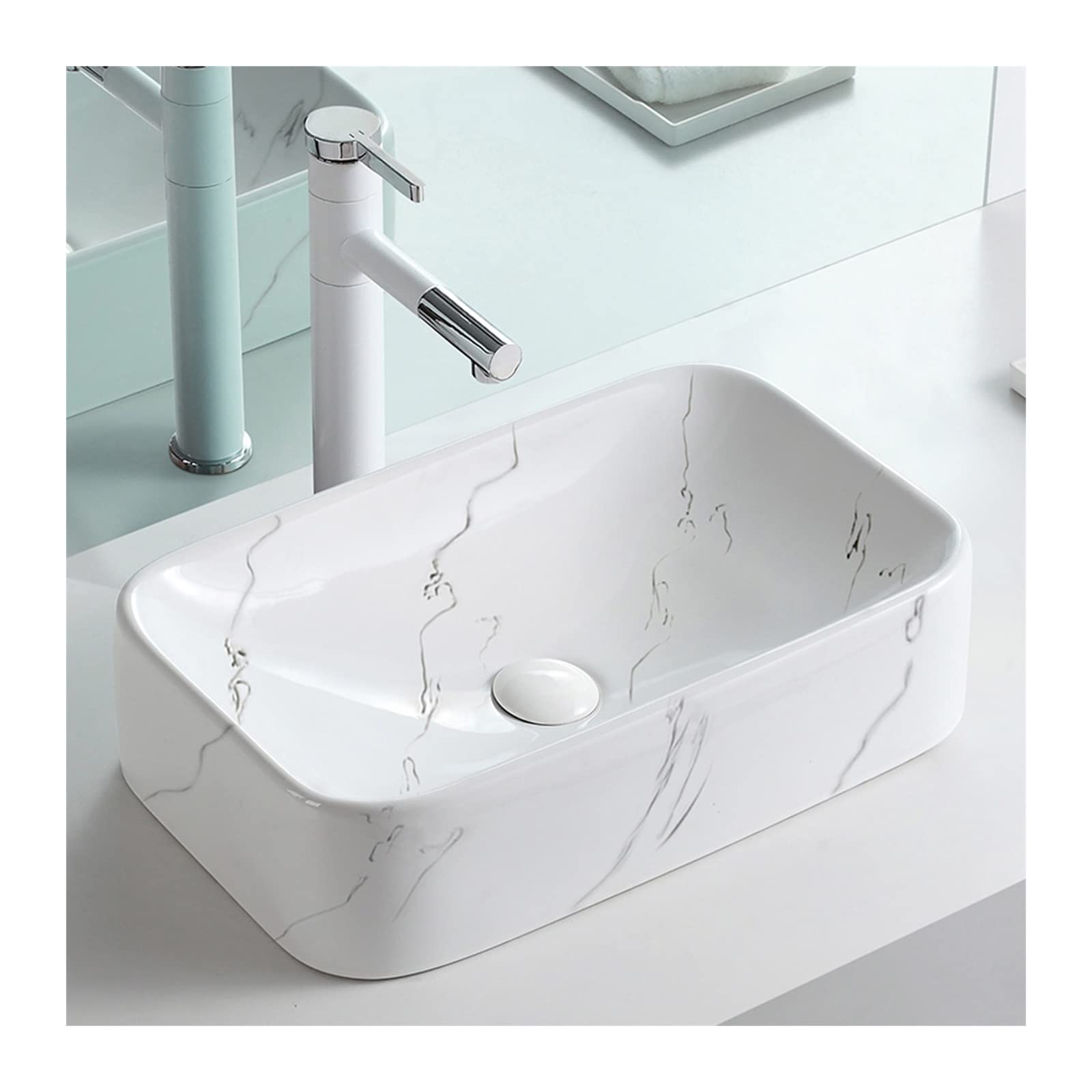 Biała ceramiczna umywalka wpuszczana, marmurowa tekstura umywalka łazienkowa, prostokątna 18,9 "X11,6" do umywalki na blat umywalkowy