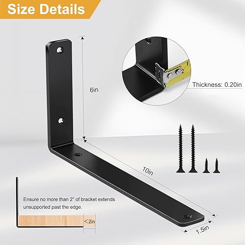 Miniatura 2 de Paquete de 24 soportes de hierro en L, negro, 10 pulgadas de largo x 6 pulgadas de alto x 1.5 pulgadas de ancho, 1364 pulgadas de grosor, para