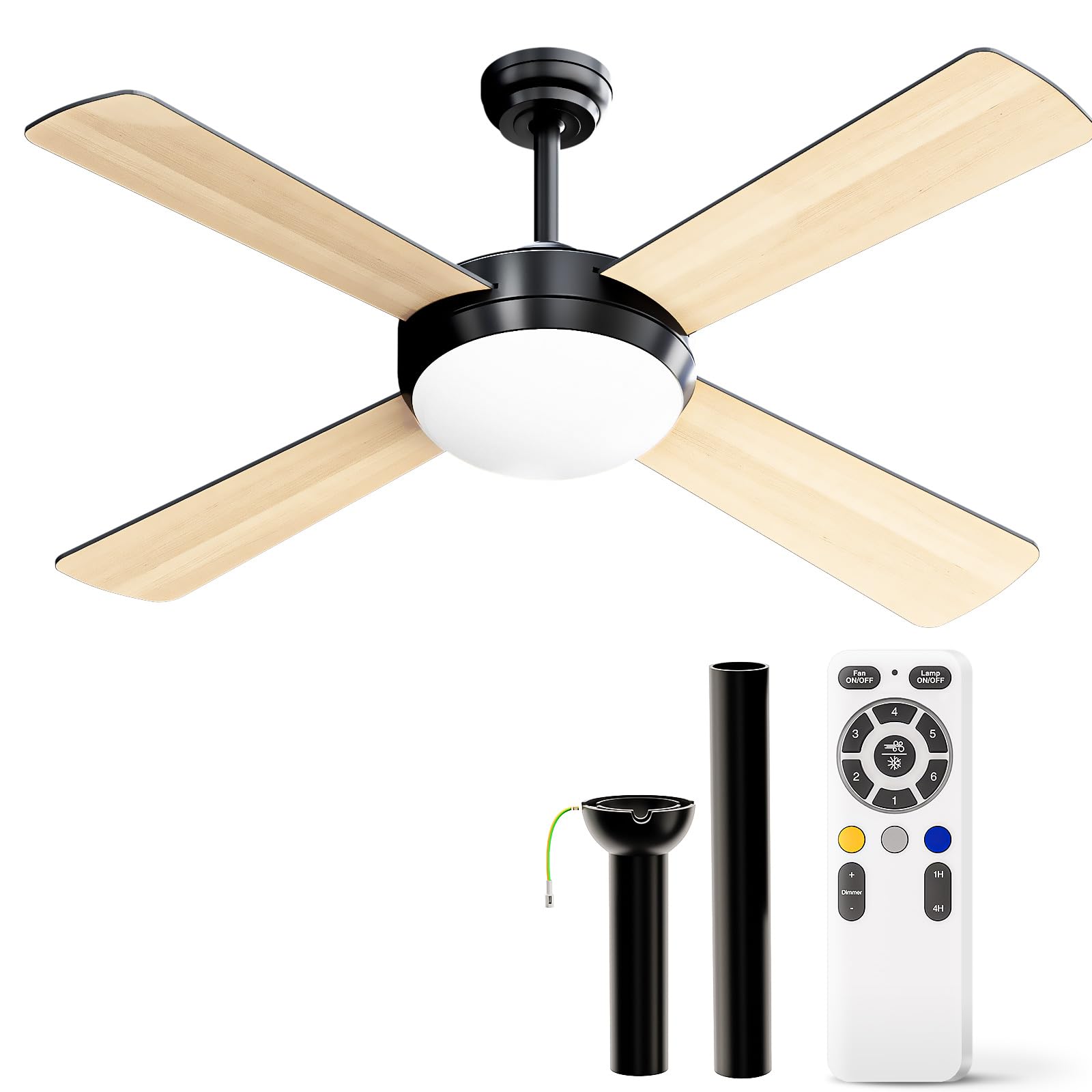 HOOLED 116cm Ventilador de Techo de Madera con Luz y Mando a Distancia, Silencioso y de Bajo Consumo Lampara Ventilador Techo, Ceiling Fan with Regulable LED Light & Remote Control para Dormitorio