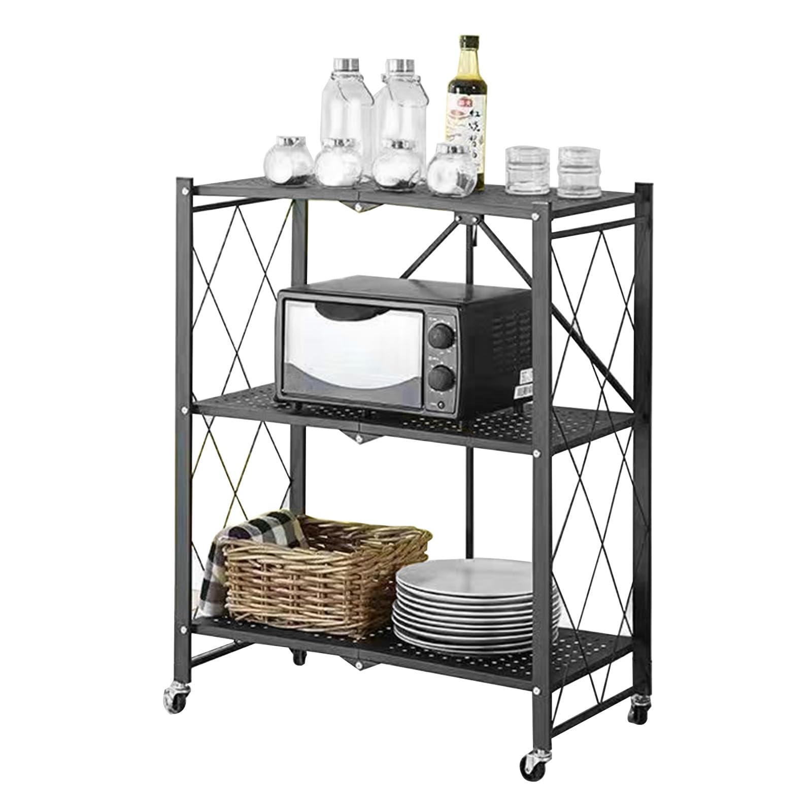 Carrello Pieghevole A 3 Ripiani | Con Ruote | Nero | Per Cucina, Bagno, Ufficio | Risparmio Spazio - Foto 10