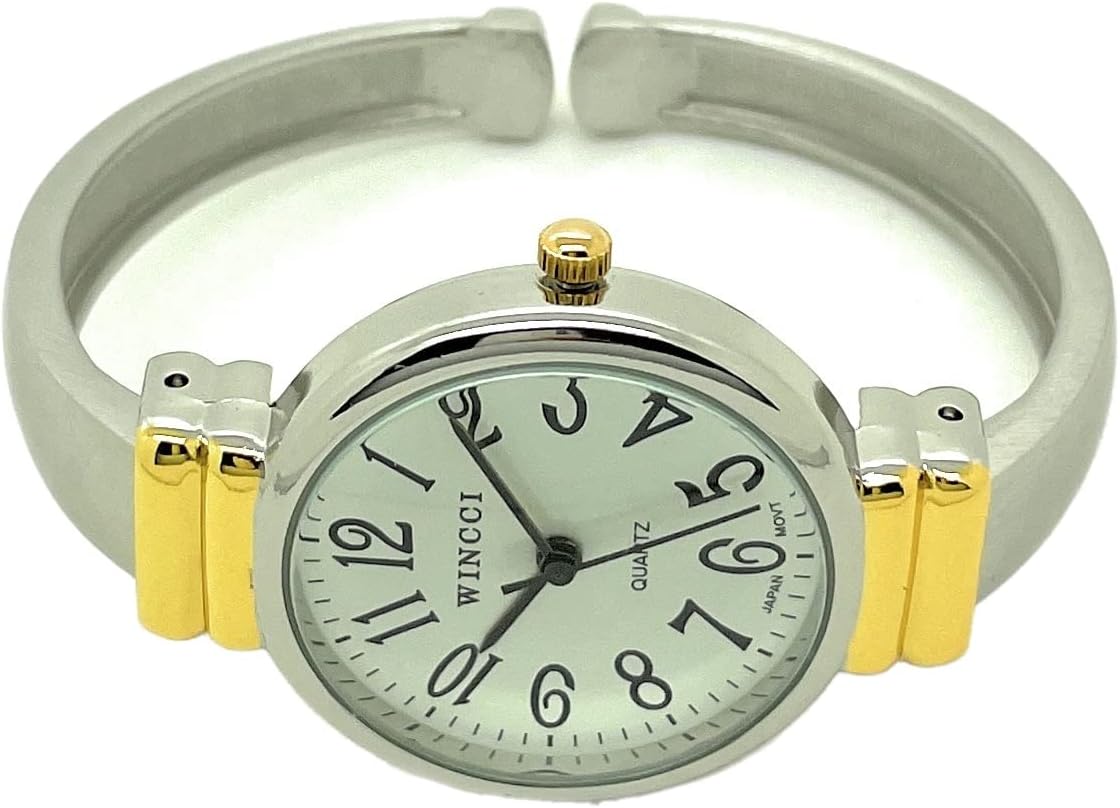 Ladies Classic Round Case Metal Bangle Cuff Fashion Analog Quartz Watch White Dial with Easy to Read Black Numbers Black Hour Minute Second Hands