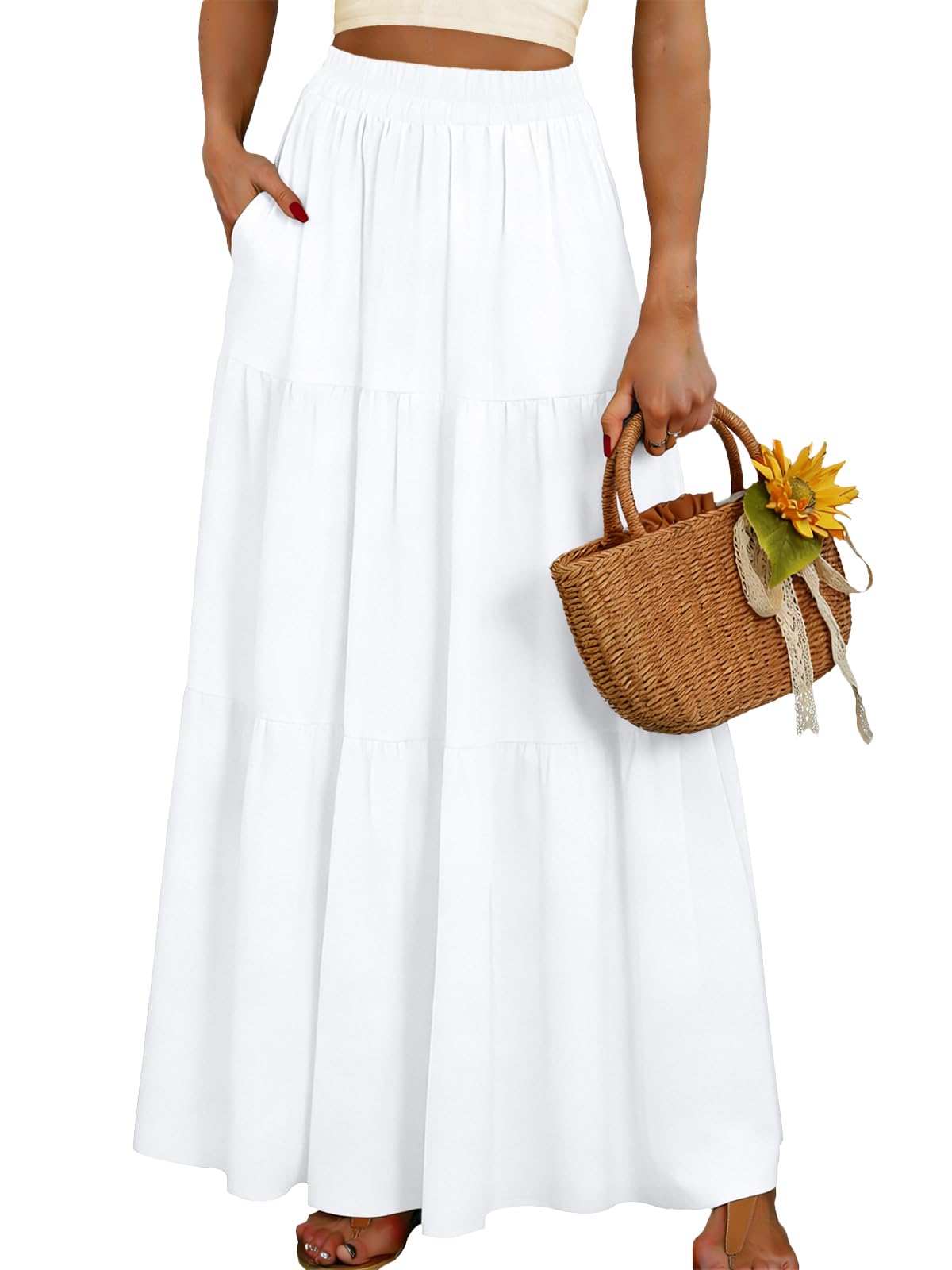 Photo 1 of **HAS A SMALL RIP IN SEAM, NEEDS TO BE SEWN**Rorzain Flowy Maxi Skirt for Women 2026 Summer Boho Beach Vacation Clothes Casual Pleated High Waisted Long Skirts with Pockets,White,M