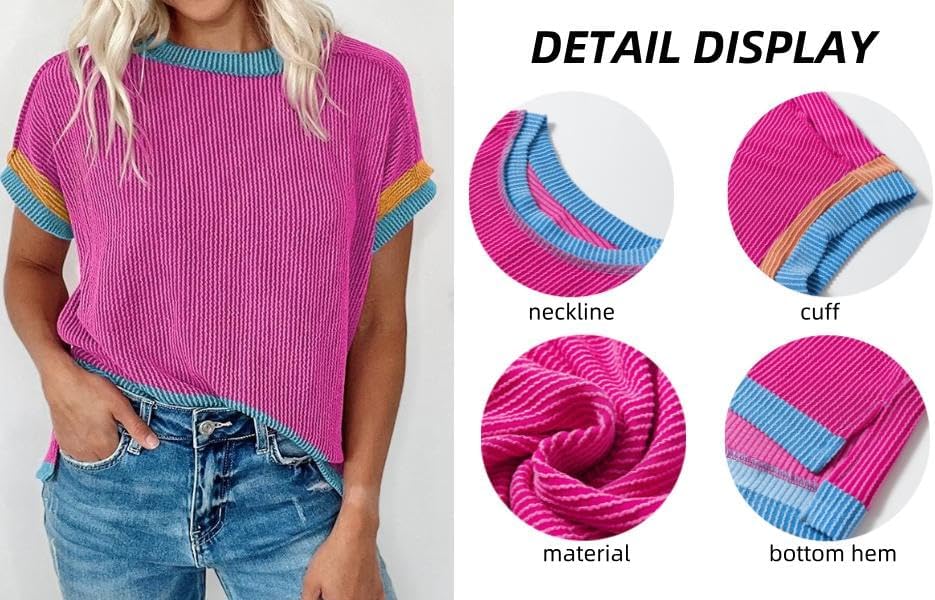Womens Summer Tops Fashion Color Block Short Sleeve Crewneck Knit Tops Casual Cute Tunic Pullover Blouses - Image 5