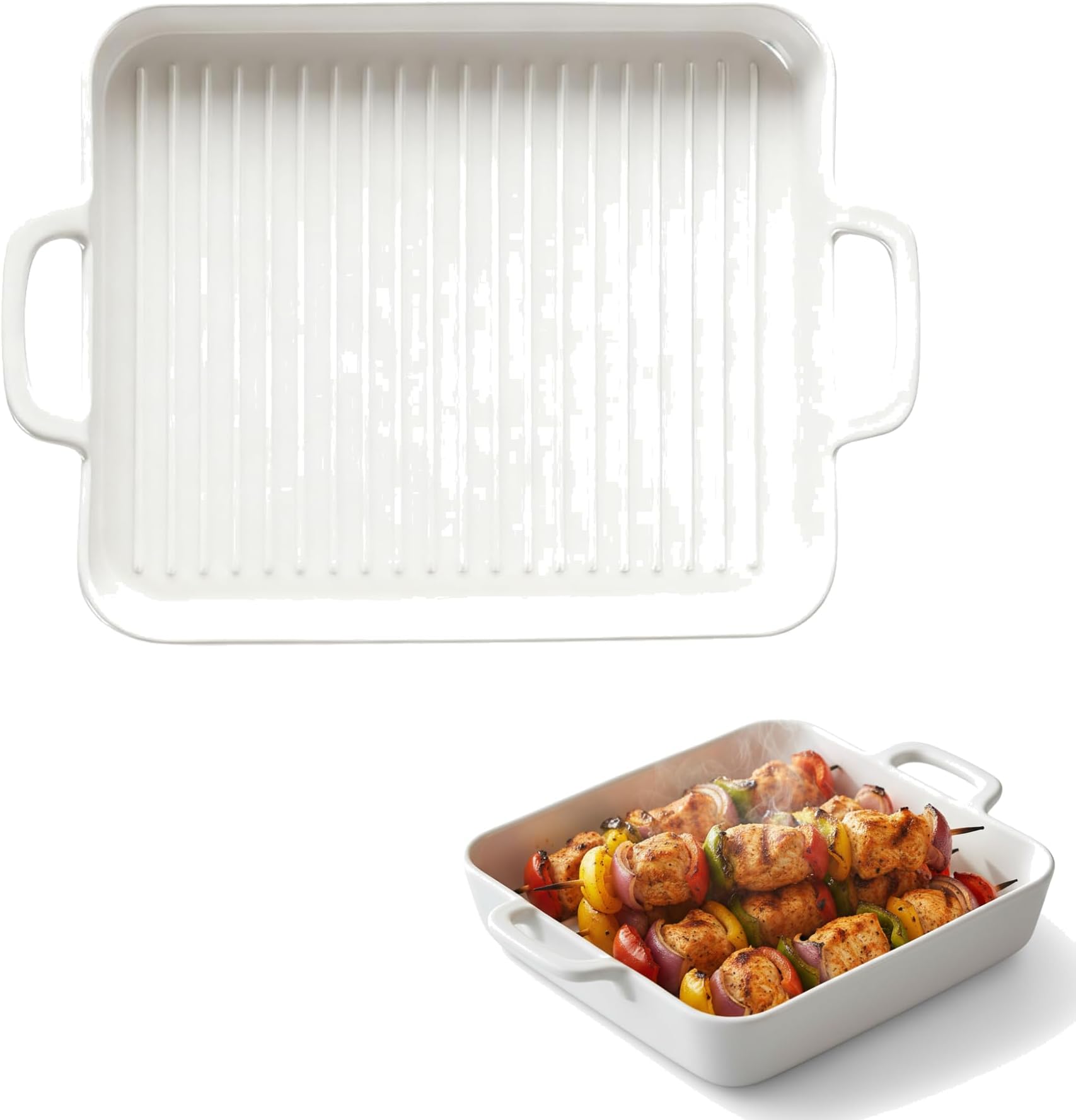 Durable Ceramic Baking Dish and Reheating Tray for Microwave and Oven, Multi-Functional Square Design with Ergonomic Handle, White