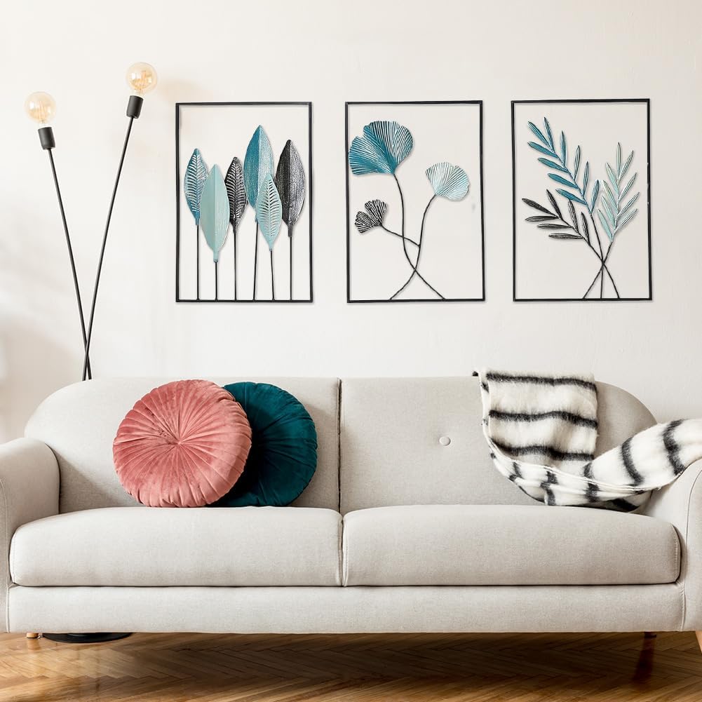 Zinueen 3 Stück Blatt Wanddekoration aus Metall, Schwar Metall Wandkunst | Minimalistische Metall Wanddeko, Home Wandkunst Dekorative Gemälde, für Zuhause Wohnzimmer Schlafzimmer Flur