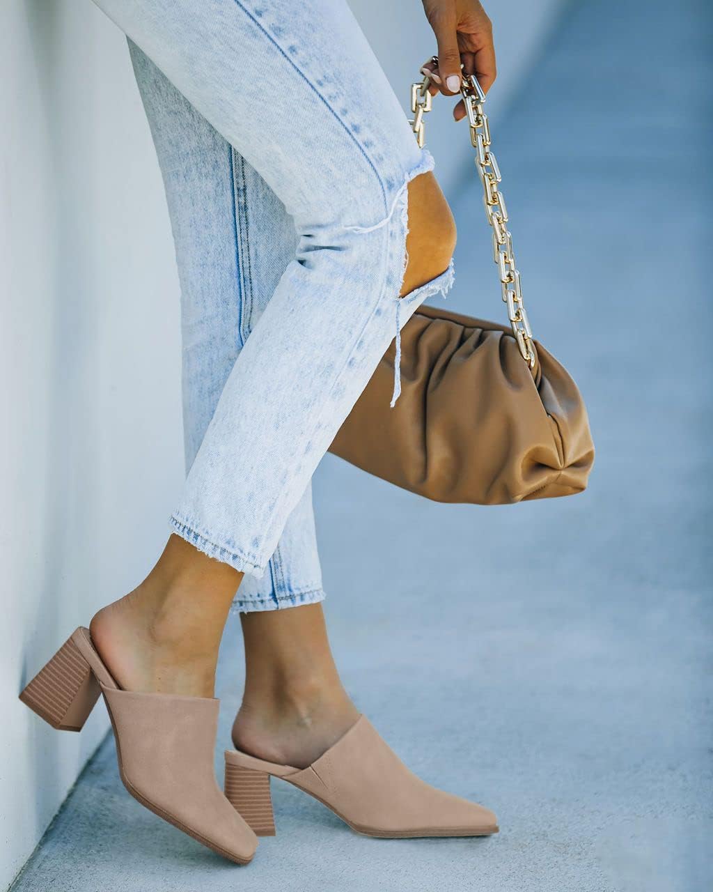 Trish Lucia Womens Chunky Stacked Heel Mules Closed Square Toe Heeled Slip on Clogs Casual Backless Loafers Shoes - Image 2