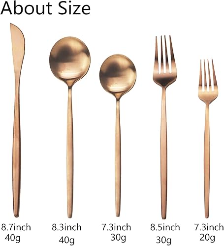 Miniatura 6 de JASHII Juego de cubiertos de acero inoxidable con acabado satinado para 6, 30 cucharas y tenedores, apto para lavavajillas (oro rosa mate)