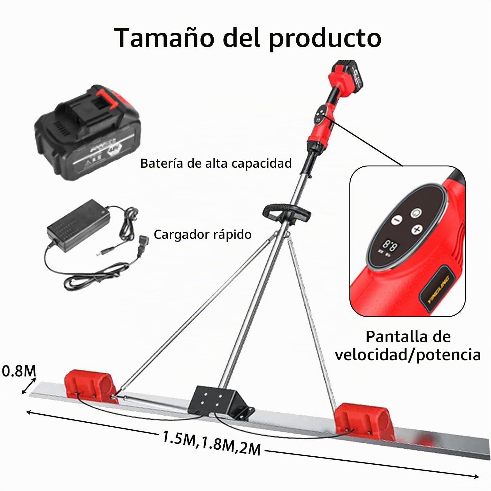 Herramienta Vibra para Acabado de Hormigón con Regla Eléctrica, Kits de Regla sin Cable, Vibración de Doble Frecuencia, para Construcciones Viales 2*Battery-2M