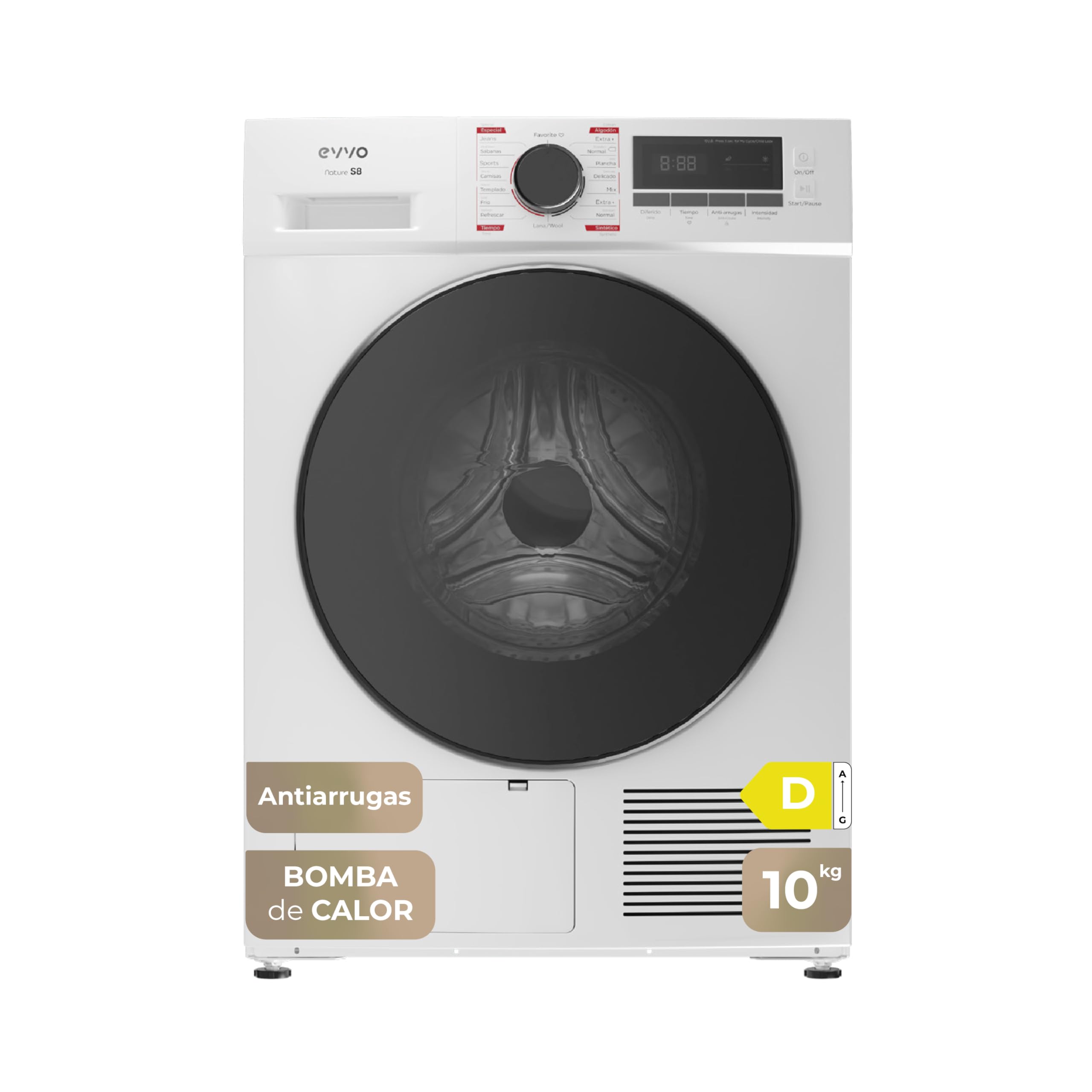 EVVO Secadora bomba de calor Nature S10 D - 10 Kg, Eficiencia Energética D, Sensor De Humedad, Antiarrugas, 16 Programas, Airfresh, Luz Interior, Fácil Instalación