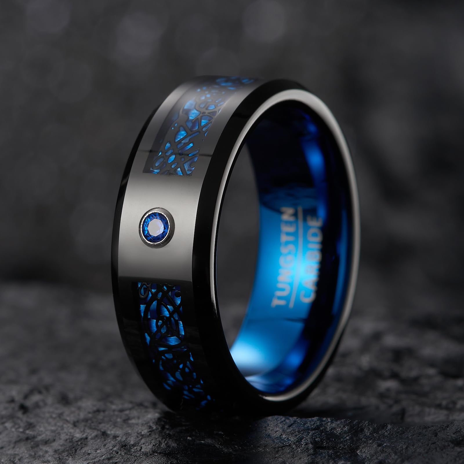 Fascia Guardian Line - Anello Nuziale in Tungsteno Nero Larghezza 8mm con Zirconia Blu (Misura USA)