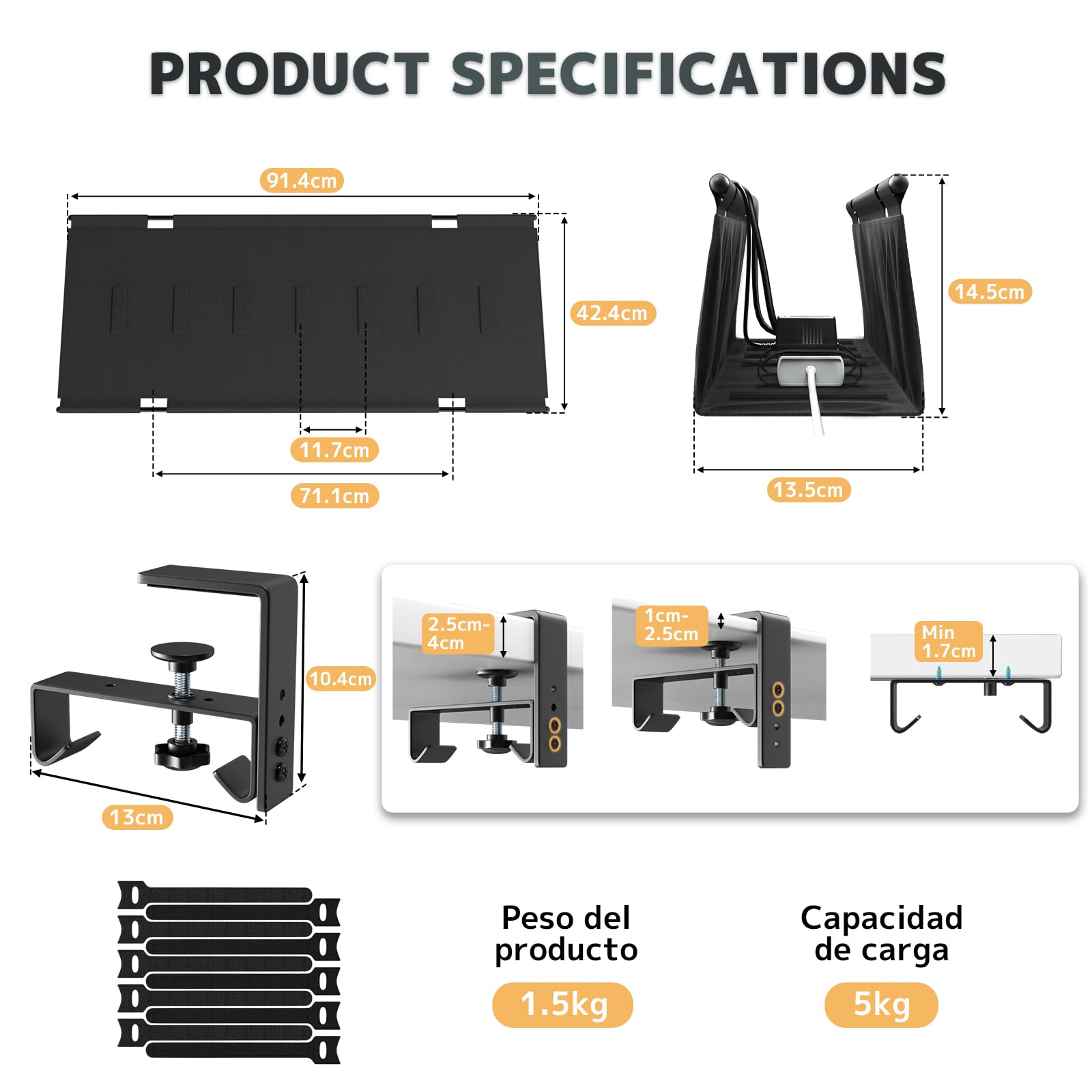 Organizador de Cables para Escritorio Sin Taladro, Cable Management Under Desk 90cm con Fijación a Pinzas/Tornillos, Bandeja de Cable de Tela Estable e Impermeable para Hogar y Oficina, Negro