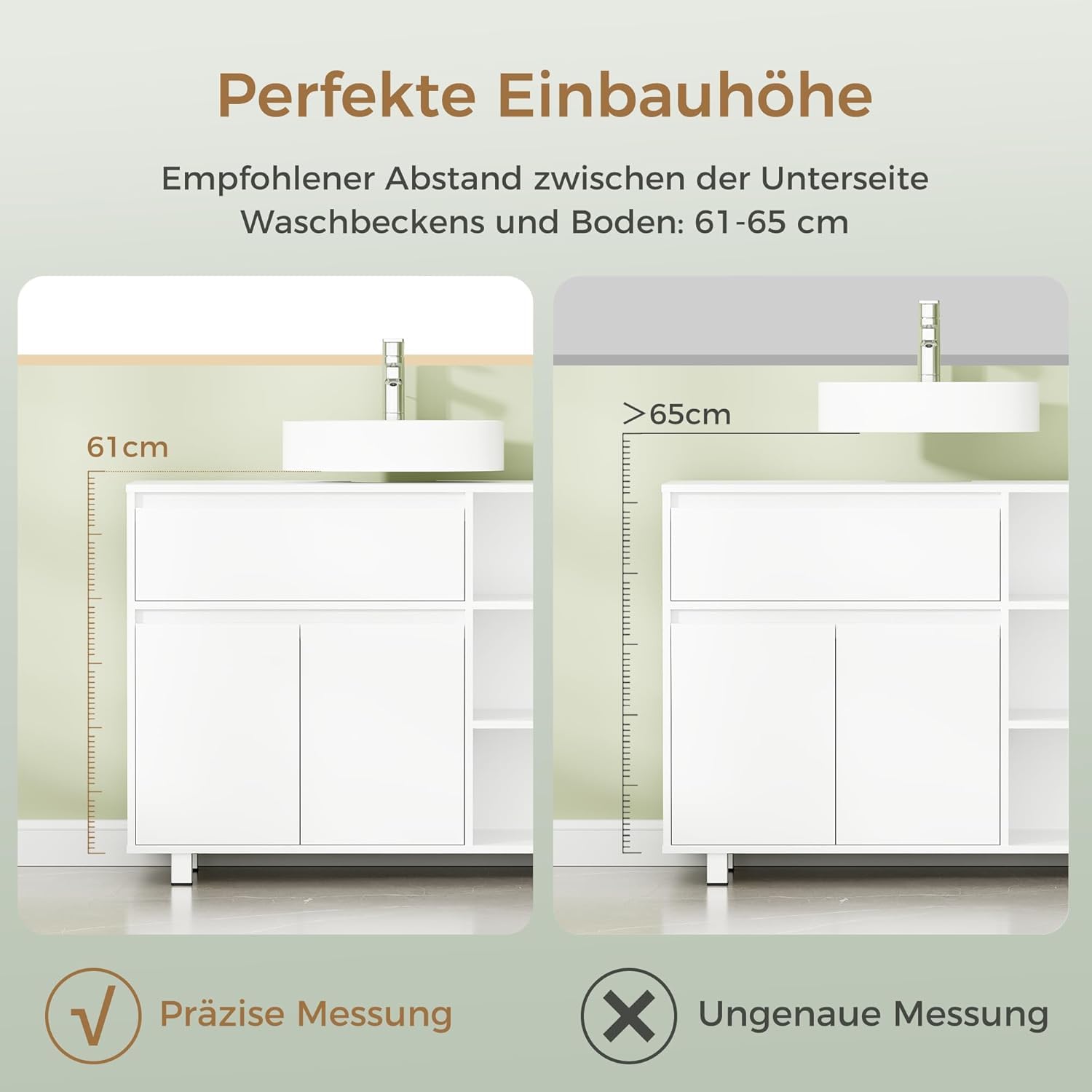 ANWBROAD Waschbeckenunterschrank, Badezimmerschrank mit 2 Schranktüren 3 Verstellbare Offene Regalböden,1 Verdecktes Staufach, Unterschrank Waschbecken mit Füßen,30 x 90 x 64,5 cm Weiß SSC001W