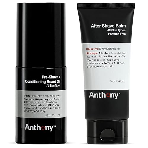 Anthony Aceite de barba pre-afeitado y acondicionador, 2 onzas líquidas bálsamo para después del afeitado para hombres, 3 onzas líquidas