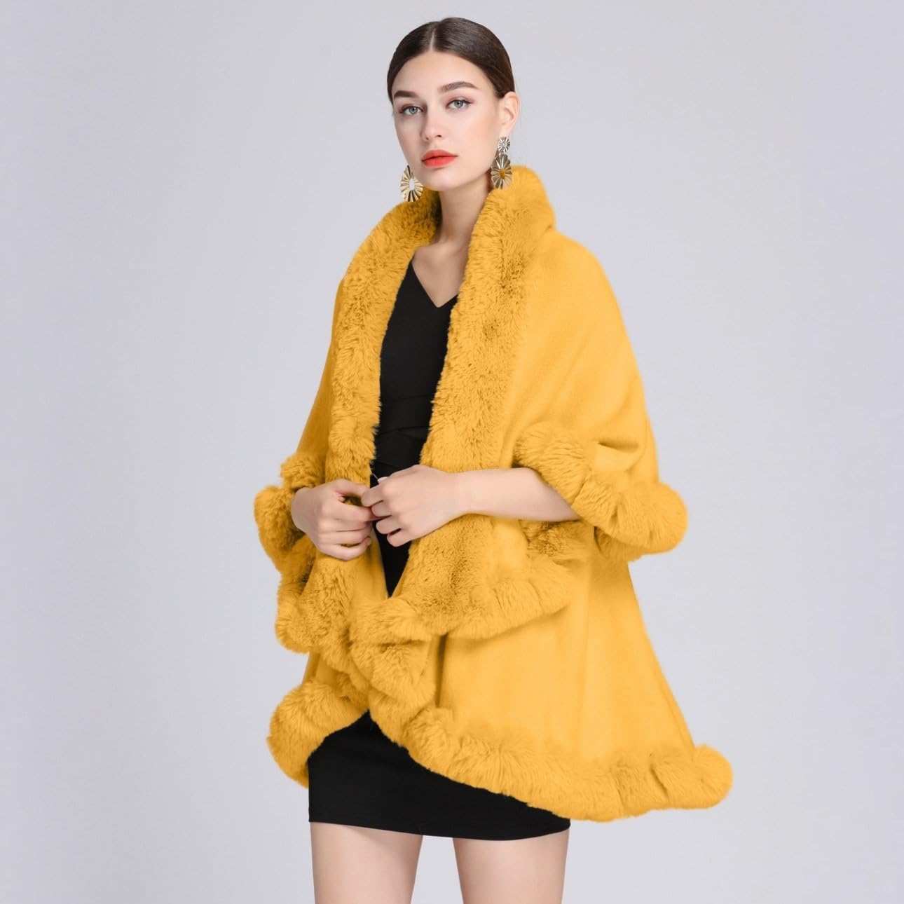 Scialle Cerimonia,Poncho Invernali da Donna in Maglia, Collo in Pelliccia Sintetica Color Cammello, Cardigan in Maglia con Apertura Frontale, Mantello Oversize, Sciarpa Calda, Coperta Avvol