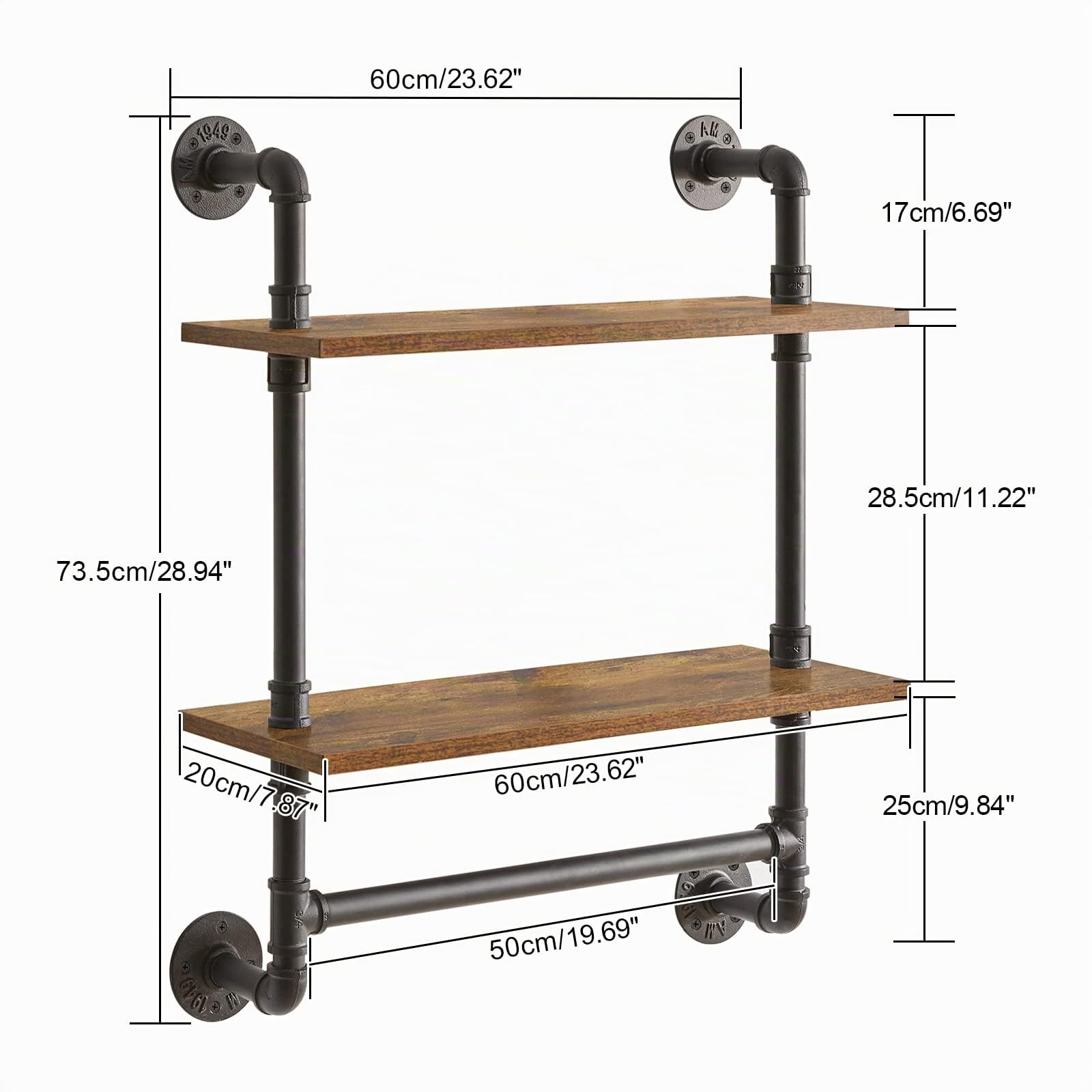 YMYNY Estantes de Montaje en Pared de tubería Industrial de 2 Niveles, estantes de Almacenamiento rústicos, Estante de Especias de Cocina, para Dormitorio, Sala de Estar, baño