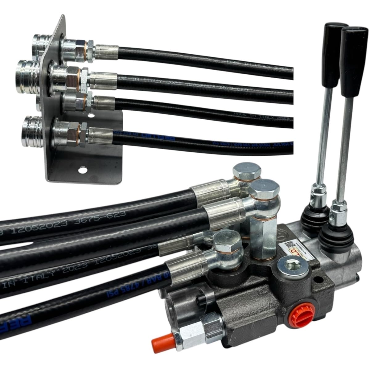 Distributore oleodinamico per trattore 2 leve doppio effetto 3/8" 45 Litri 300 bar completo di tubi e innesti rapidi push pull