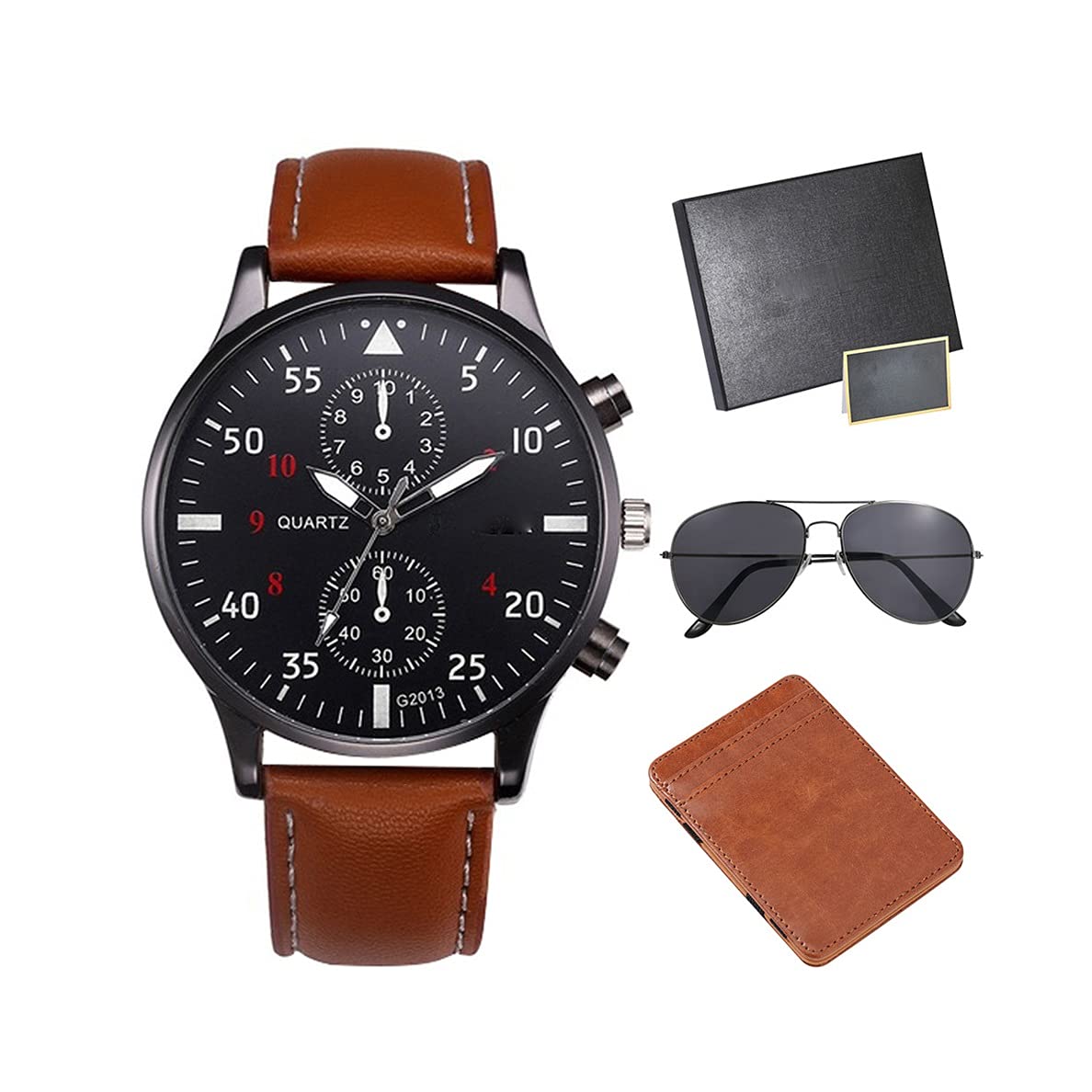 HMTE Set di Orologi da Uomo con Confezione di Carte, Occhiali da Sole alla Moda, Regalo di Compleanno, Set di Orologi da Polso da Uomo (Color : A) (B)