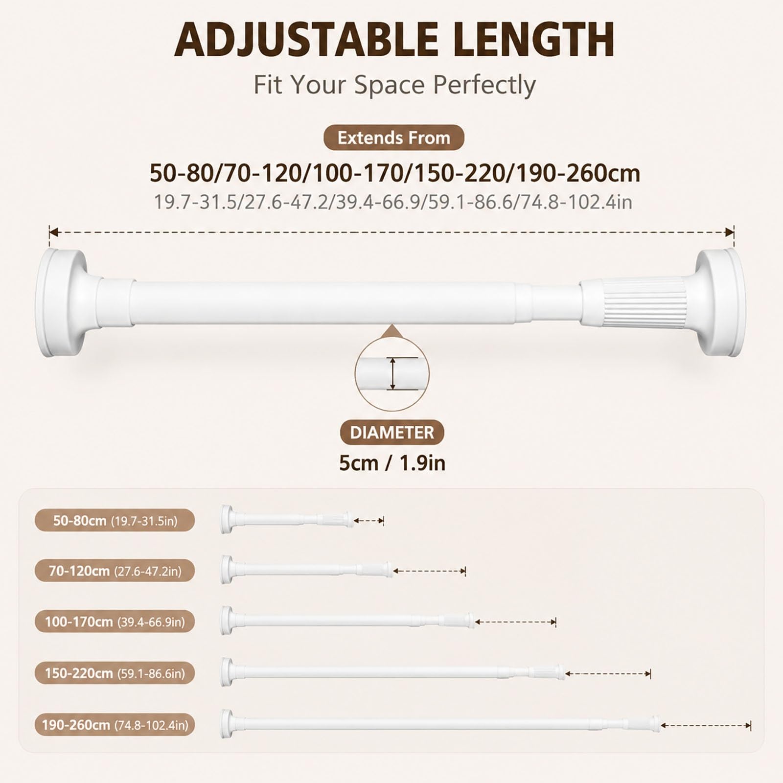Barra de Cortina sin Taladrar, Barra de Tensión para Ducha, Sin Necesidad de Taladrar, Extensible y Retráctil, Apta para Armarios, Baños y Entradas(White,100-170cm/39.4-66.9in)