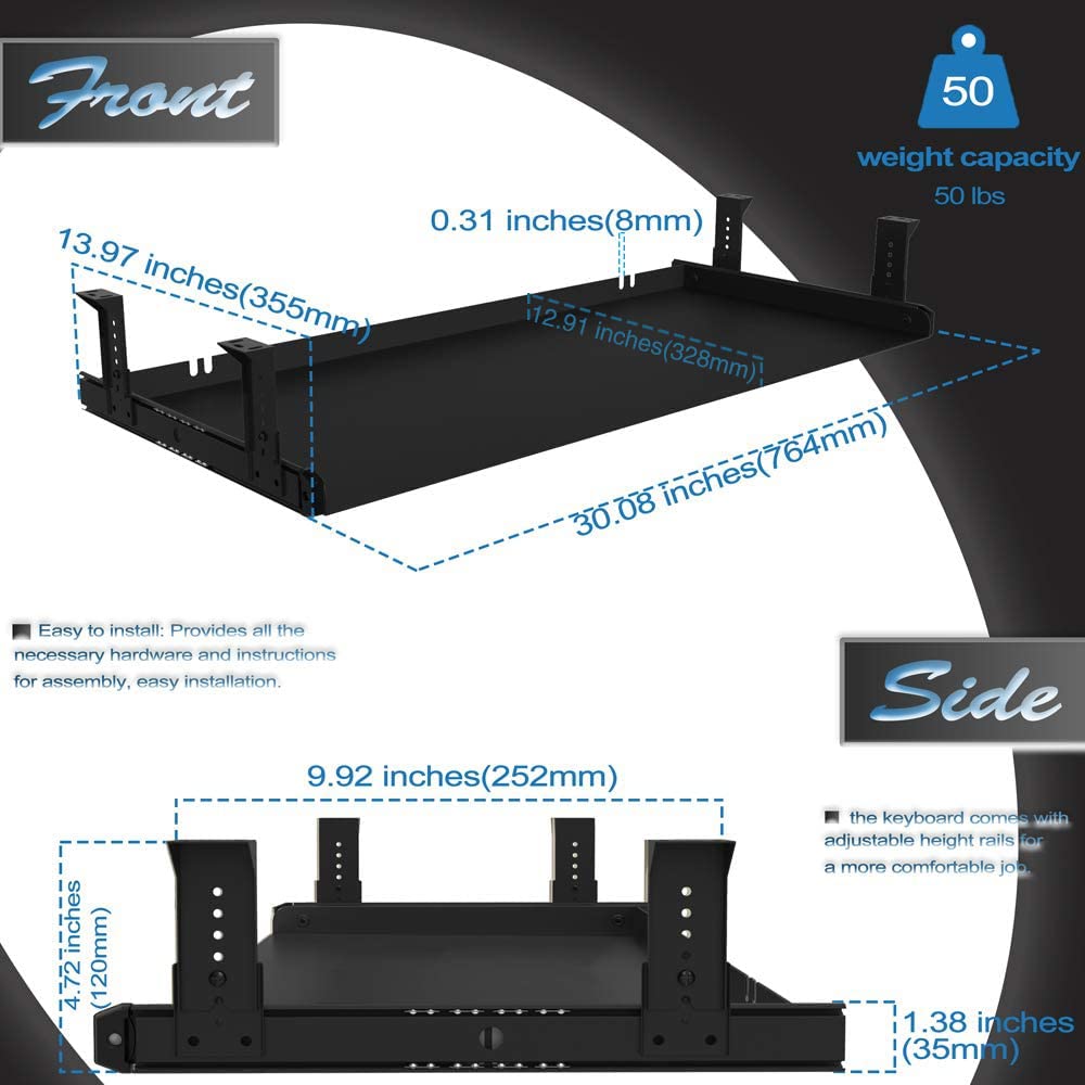 FRMSAET Plataforma para Bandeja de Teclado Debajo del Escritorio 53 cm / 60 cm / 76 cm Organizador de cajones de Material Totalmente metálico Herramienta de Almacenamiento. (76 cm, Negro)