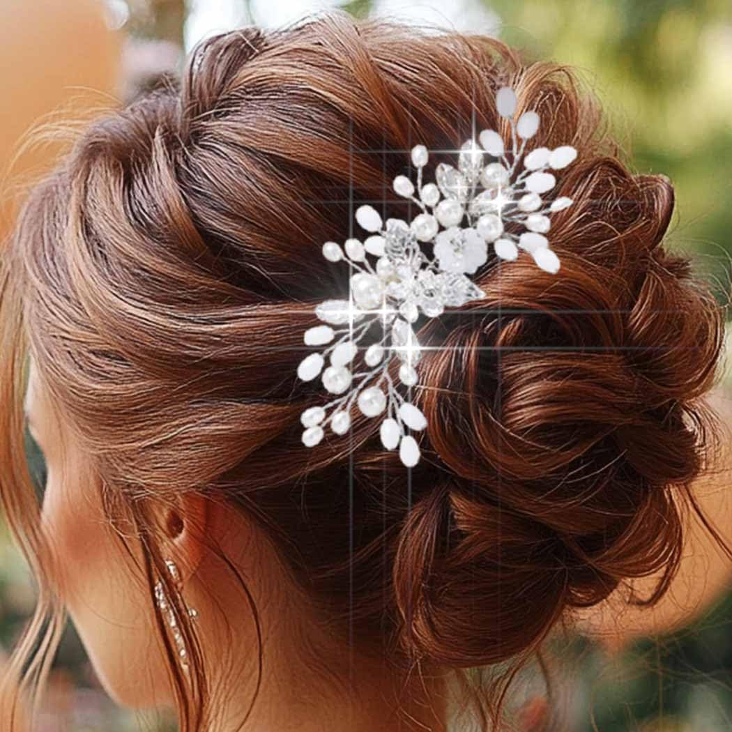 Yean Wedding Hair Comb Silver Pearl Bridal Hair Piece Flower Hair Accessories Crystal for Women and Girls