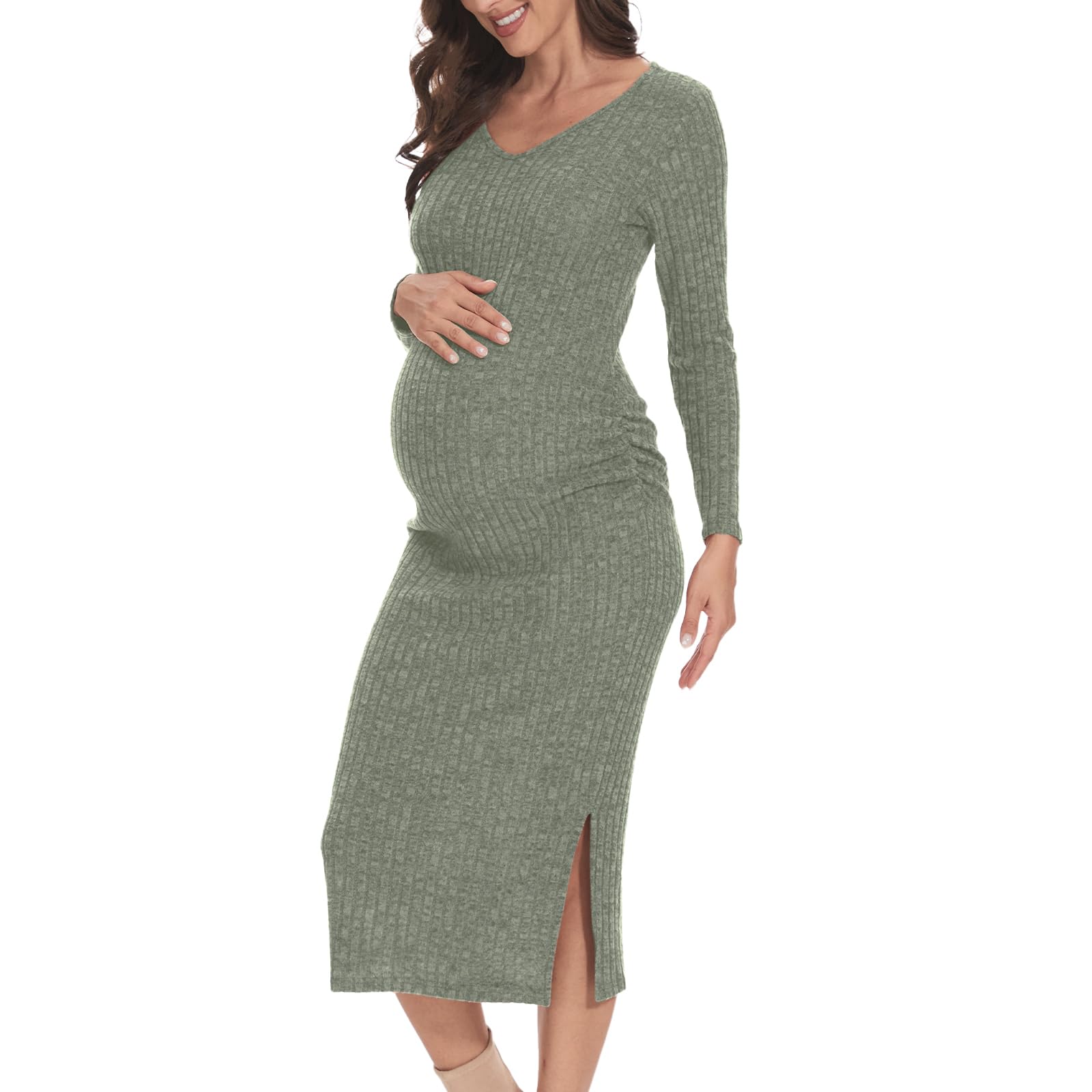 V Neck Side Ruch Knit Ribbed Maternity Bodycon Dress，Maternity Dress for Baby Shower