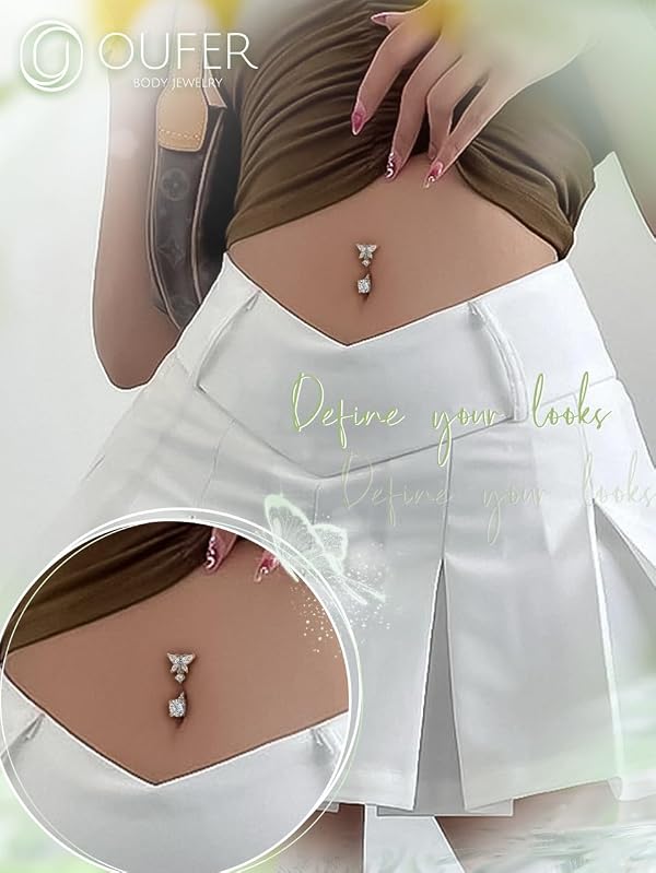 OUFER Belly Button Rings, Butterfly Belly Rings, 316L Surgical Steel Navel Rings, Clear CZ Belly Piercing Jewelry, Dangle Belly Rings For Women Men by OUFER - Used condition - Image 8