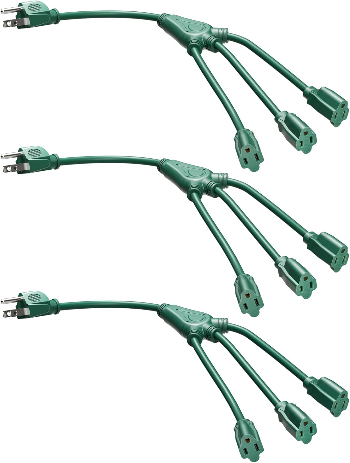 DEWENWILS Extension Cord Splitter 1 to 3, 16/3 Heavy Duty SJTW Wire, 3 Prong Splitter 3 Way, 18 Inches Indoor Cord Splitter for Halloween Decor Christmas Lights, ETL Listed, Green, Pack of 3