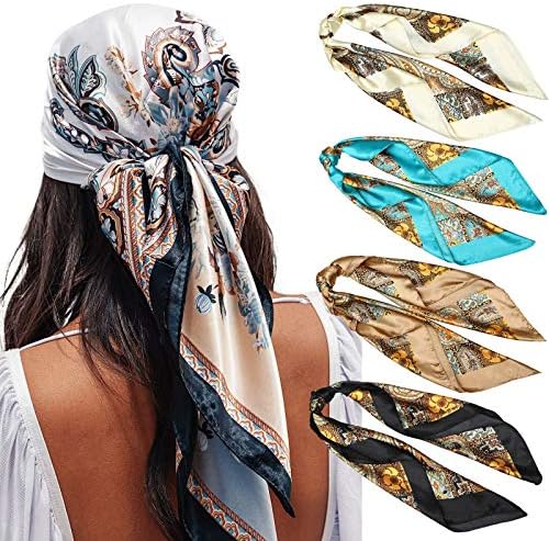 AWAYTR Satin Large Square Head Scarves - 4PCS Silk Like Neck Scarf Lightweight Hair Sleeping Wraps for Women (Cashew(Black/Blue/Camel/Beige))