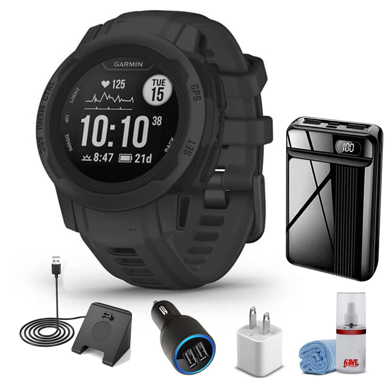 Garmin Instinct 2S - Standard Edition Smart Watch-Graphite + Watch Charging Stand + USB Car/Wall Adapter + 6Ave Cleaning Kit (Bundle) (010-02563-10)