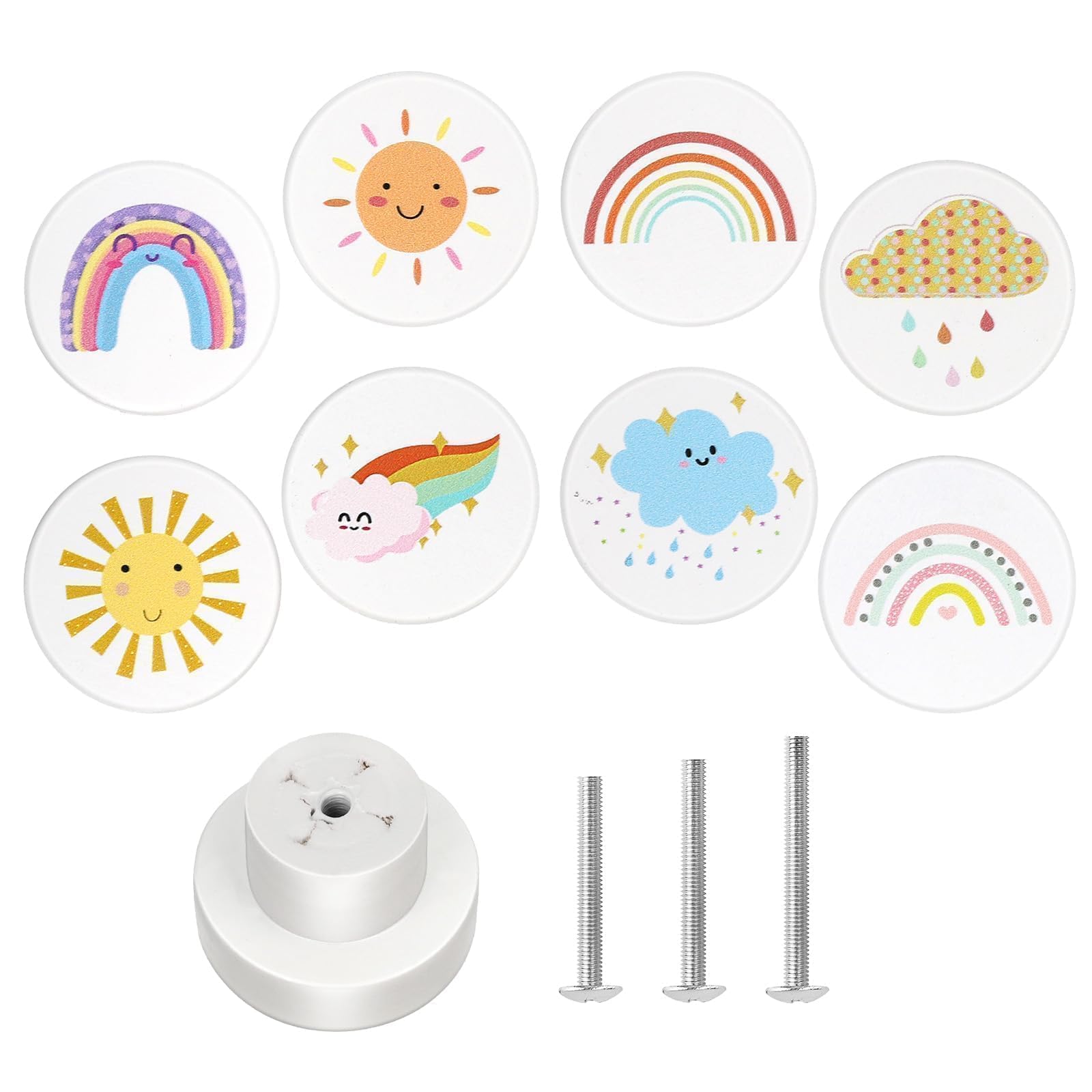 8 Pomelli In Legno Per Cassetti - Design Arcobaleno, Con Viti, Per Camera Bambini E Cucina