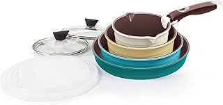 Neoflam Midas 9pc Nonstick Ceramic Cookware Set, PFOA Free Kitchenware with Saucepan, Frying Pan, Stove|Oven Pot, Tempered Glass Lids and Smart Detachable Handle, Oven Safe, Space-Saving, Misty Forest