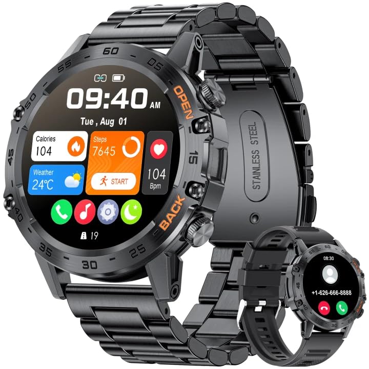 Image of SUNKTA Smart Watches for Men(Answer /Calls),1.39 inch Touchscreen /5ATM Waterproof /120+ Sports Modes Fitness Watch with Heart Rate for Android /iOS Steel Black