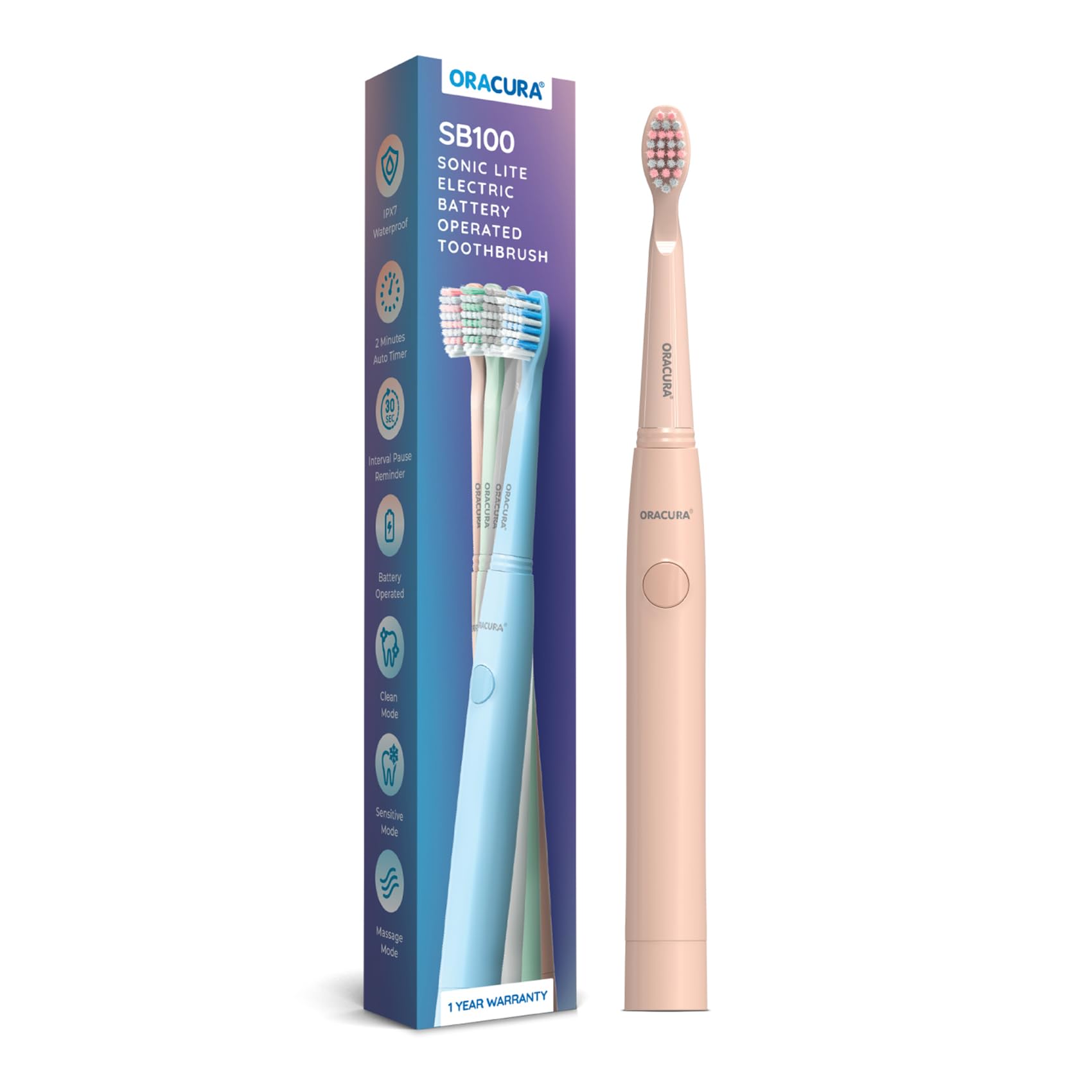 Sonic Lite Electric Battery Operated Toothbrush SB100 | Peach | Electric Toothbrush for Men & Women | 4 Vibrant Colours | IPX7 Waterproof | 2 Minutes Auto-Timer | Dupont Bristles