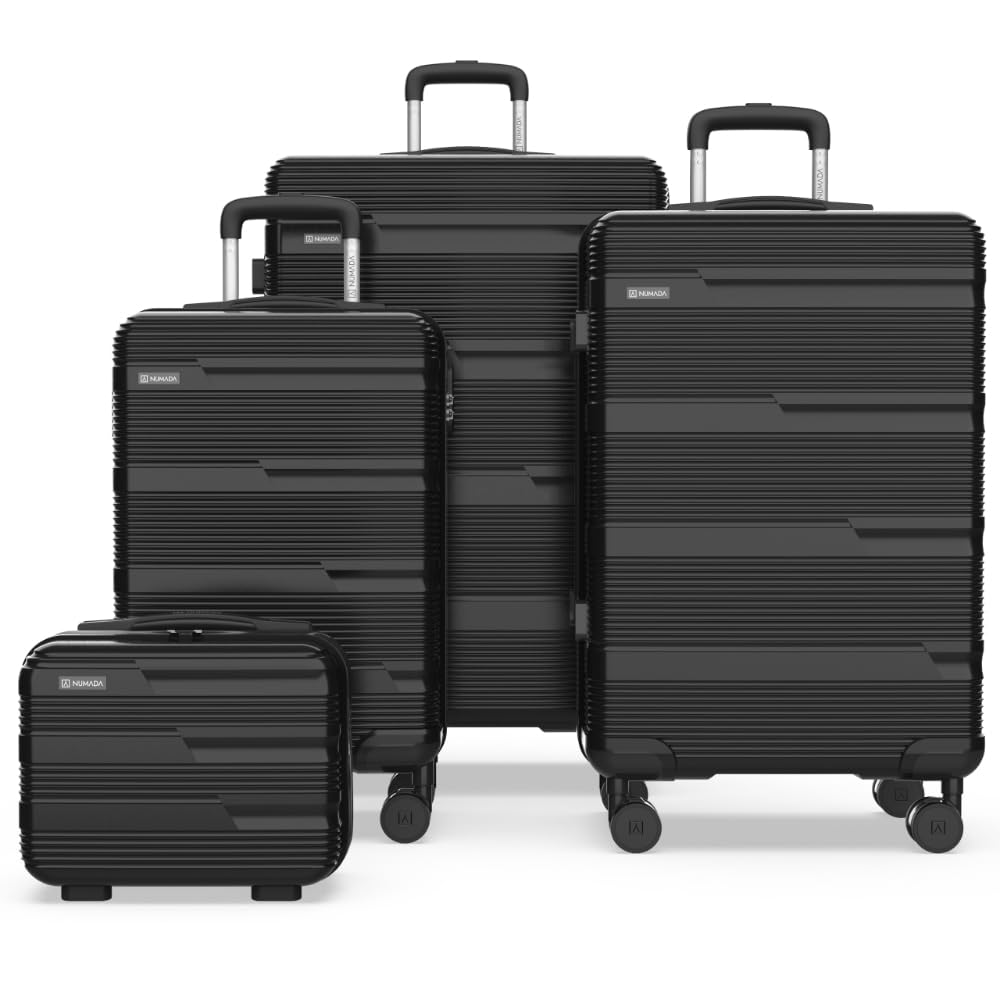 NUMADA - Juego de Maletas de Viaje 4 pzs Upfly T10 ABS. Cabina 55x40x20, Mediana 60L, Grande 78L y Neceser Compartimentado | Negro