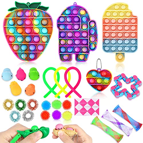 Fidget Toy Set, Cheap Sensory Toys Pack for Kids Adults, Fidget Box with Simple Dimple and Pop on it Toy, Squishy Stress Ball, and Anxiety Relief Squeeze Toys (Ice Cream & Strawberries)