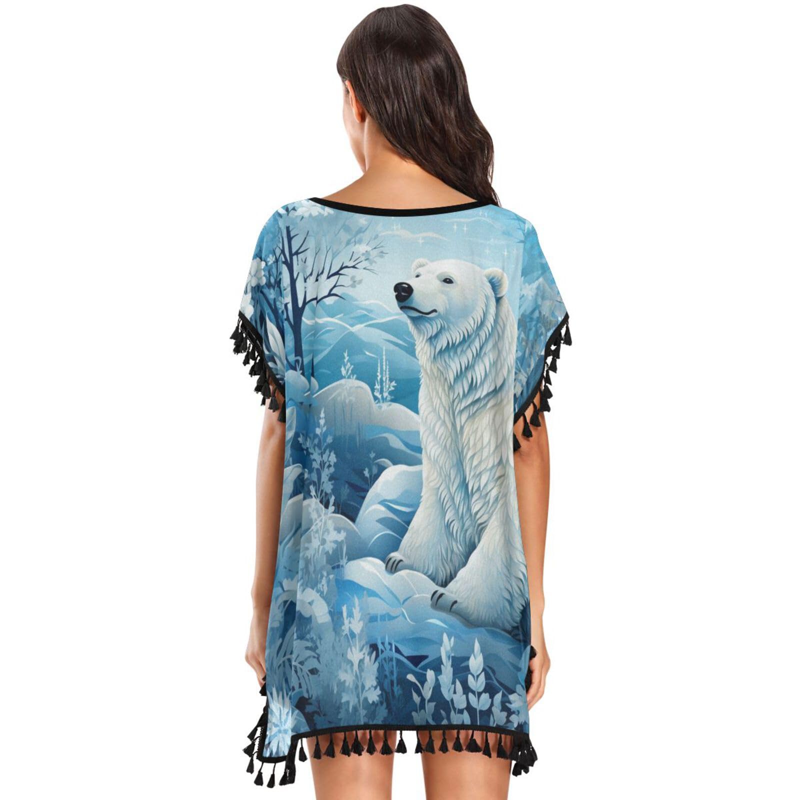 White Polar Bear Art Women's Beach Cover Up Chiffon Tassel Swimwear Swimsuit Coverups for Girl