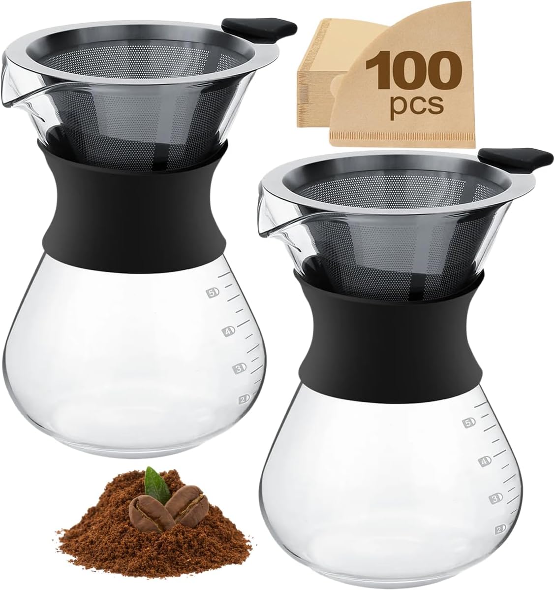 2PCS Pour Over Coffee Maker with Stainless Steel Filter, Glass Coffee Maker Drip Pot with 100pcs Filter Paper, Reusable Glass Coffee Pot Manual Coffee Dripper Brewer for Cafetera, Coffee (2PCS 800 ml)