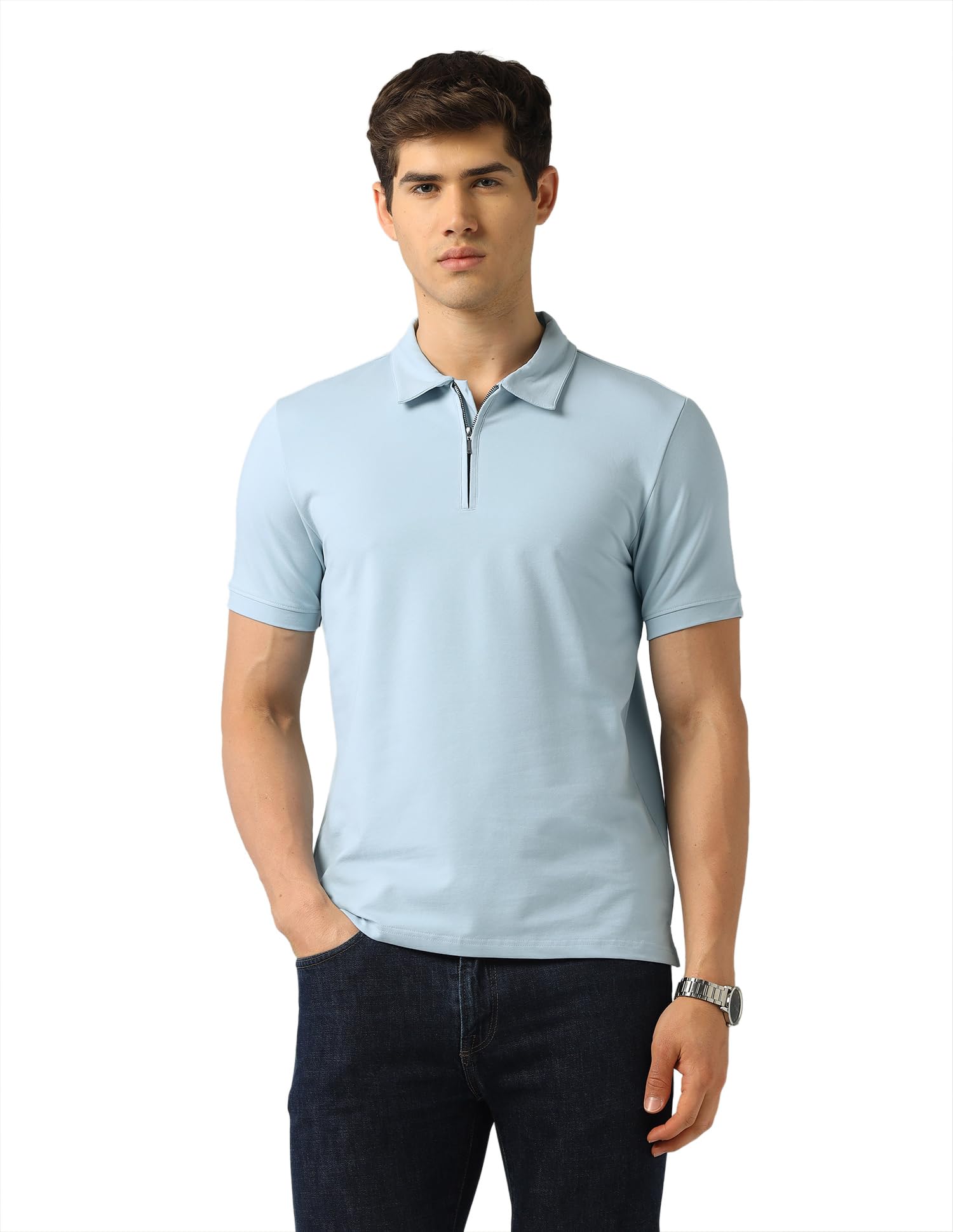 arvind Solid Modern Slim Fit Polo Shirt Light Blue-picture-16