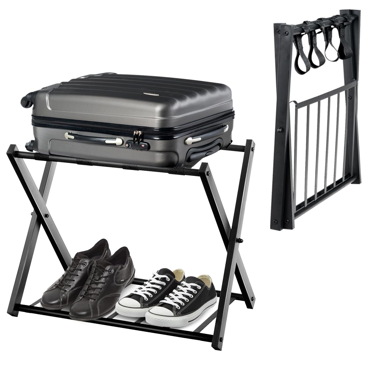 HOMASIS klappbar Kofferständer Kofferablage, 2 Ebenen Kofferhocker, Kofferbock aus Metall, Gepäckablage für Koffer & Schuhe, Kofferhalter für Hotelzimmer Flur & Wohnzimmer, 68x43x56cm (1, Schwarz)