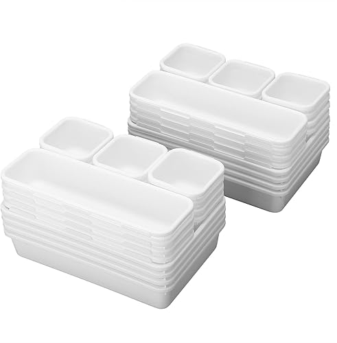 Paquete de 32 organizadores de cajones de escritorio, 3 tamaños de plástico entrelazados poco profundos, bandejas divisorias, contenedores de