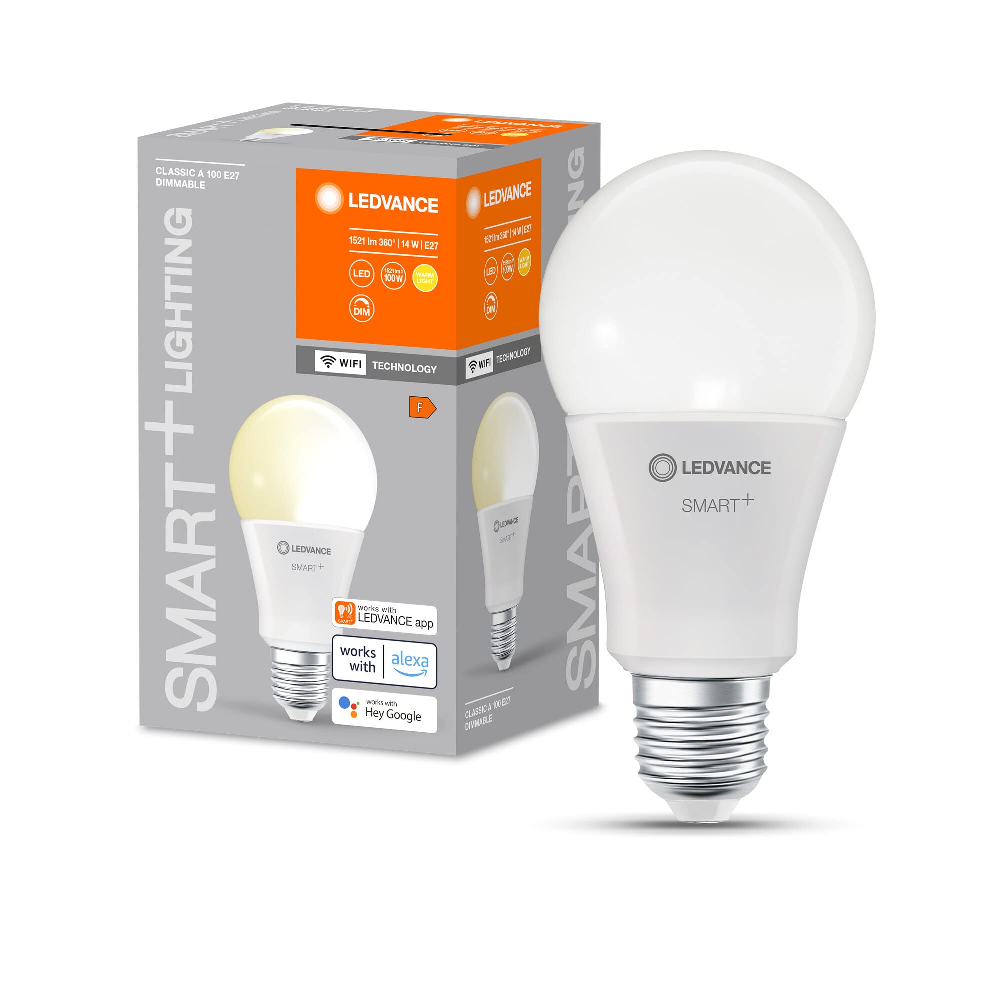 LEDVANCE SMART+ WiFi LED lamp, Frosted Look, 14W, 1521lm, Classic Bulb Shape with E27 Base, Warm White Light at 2700K, dimmable, app or Voice Control, Life of up to 20,000 Hours