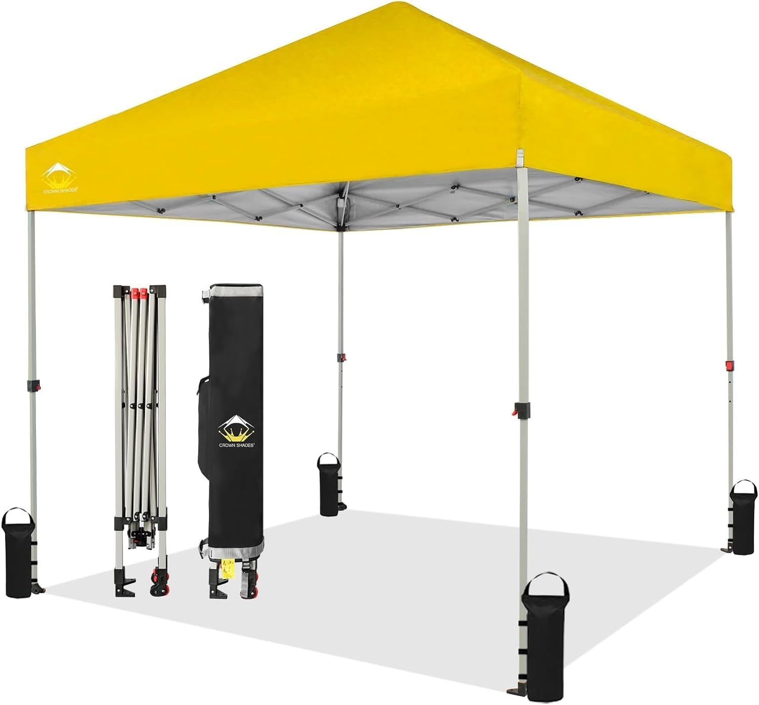 CROWN SHADES 8×8 Pop Up Canopy – Beach Tent with One Push Setup – Easy Outdoor Sun Shade for Events, Parties, Camping – Gazebo with STO-N-Go Cover Bag, Silver Coated Top, Yellow